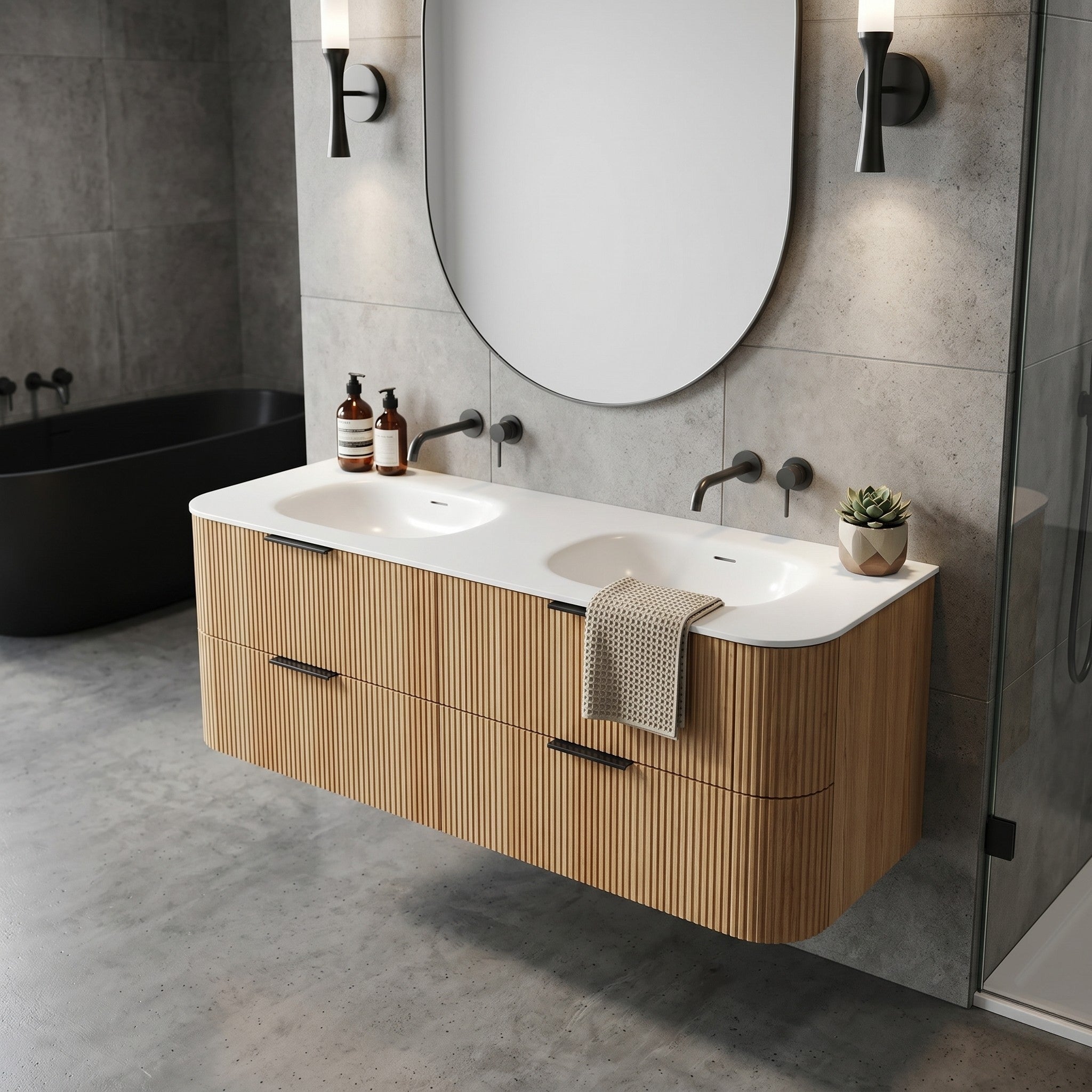 OTTI CHLOE SILK MATTE WHITE UNDERMOUNT DOUBLE VANITY SOLID SURFACE STONE TOP WITH BASIN (AVAILABLE IN 1500MM AND 1800MM)