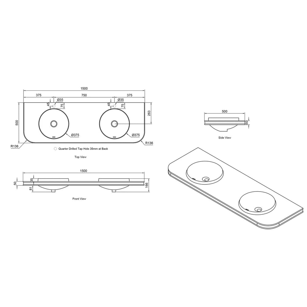 OTTI HAVANA ENGLISH EDGE MATTE WHITE UNDERMOUNT DOUBLE VANITY TOP WITH ROUND BASIN (AVAILABLE IN 1500MM AND 1800MM)