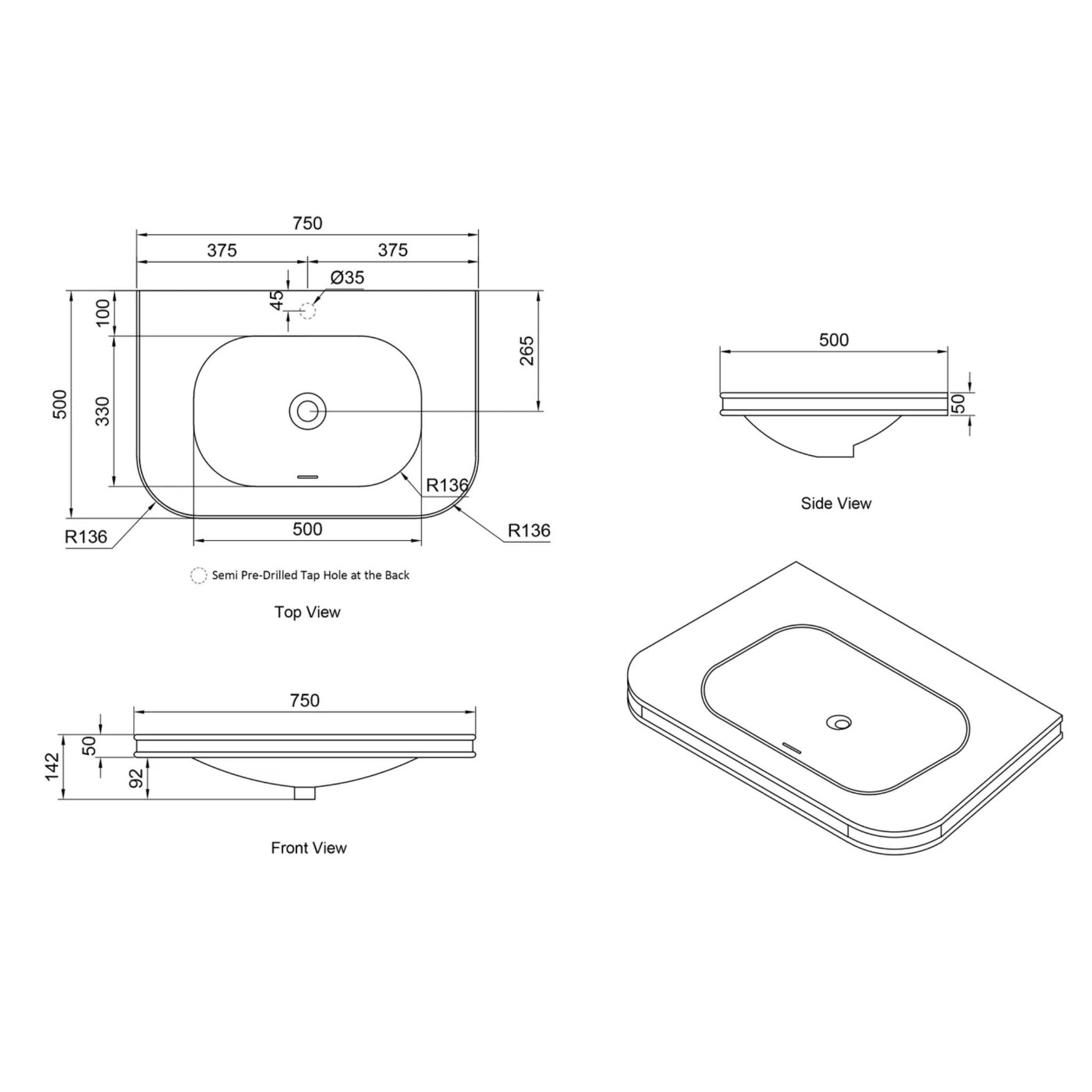 OTTI HAVANA ENGLISH EDGE MATTE WHITE UNDERMOUNT SINGLE VANITY TOP WITH SOFT SQUARE BASIN (MULTIPLE SIZES AVAILABLE)