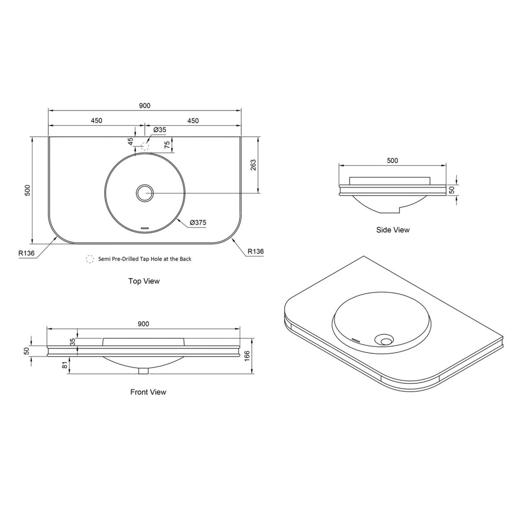 OTTI HAVANA ENGLISH EDGE MATTE WHITE UNDERMOUNT SINGLE VANITY TOP WITH ROUND BASIN (MULTIPLE SIZES AVAILABLE)