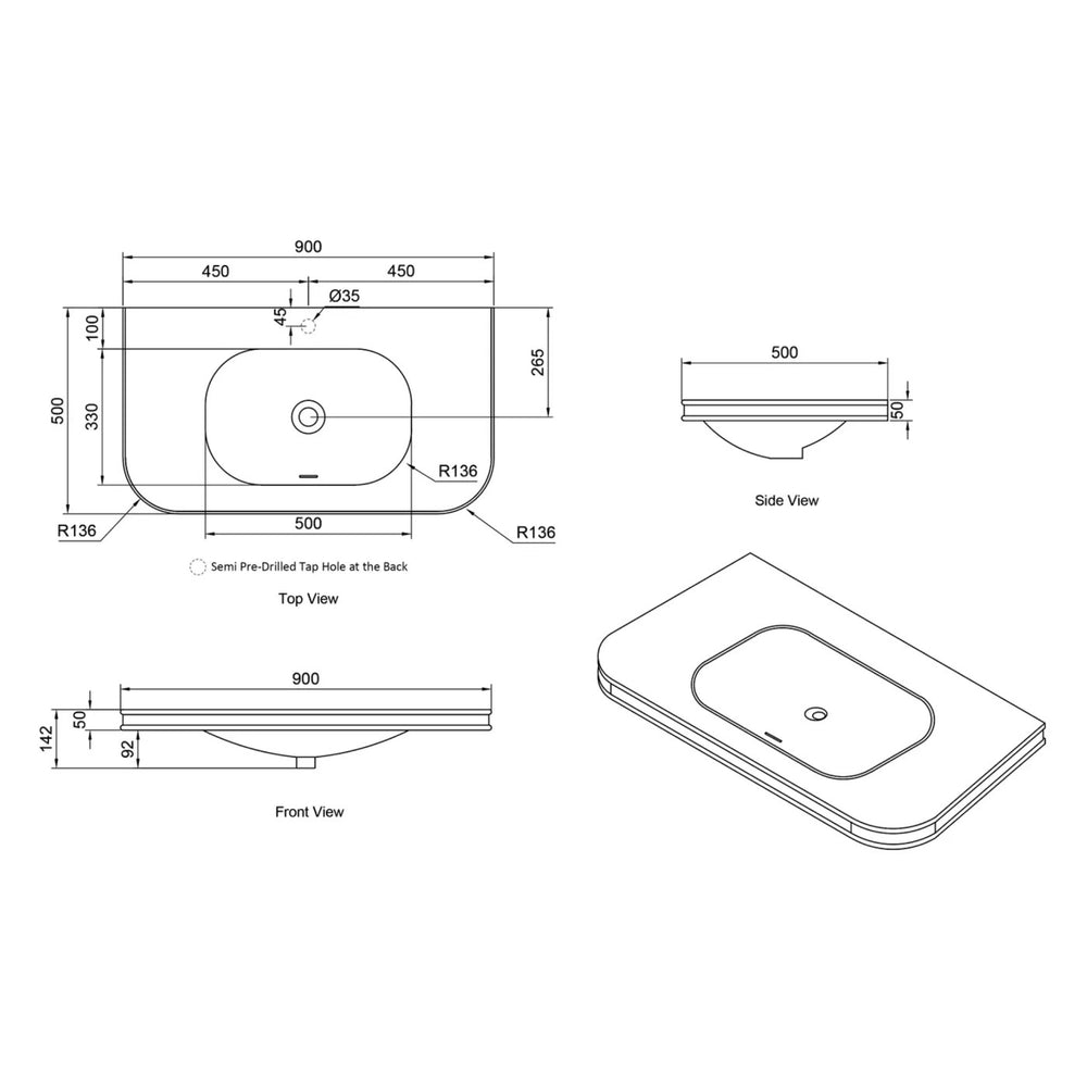 OTTI HAVANA ENGLISH EDGE MATTE WHITE UNDERMOUNT SINGLE VANITY TOP WITH SOFT SQUARE BASIN (MULTIPLE SIZES AVAILABLE)