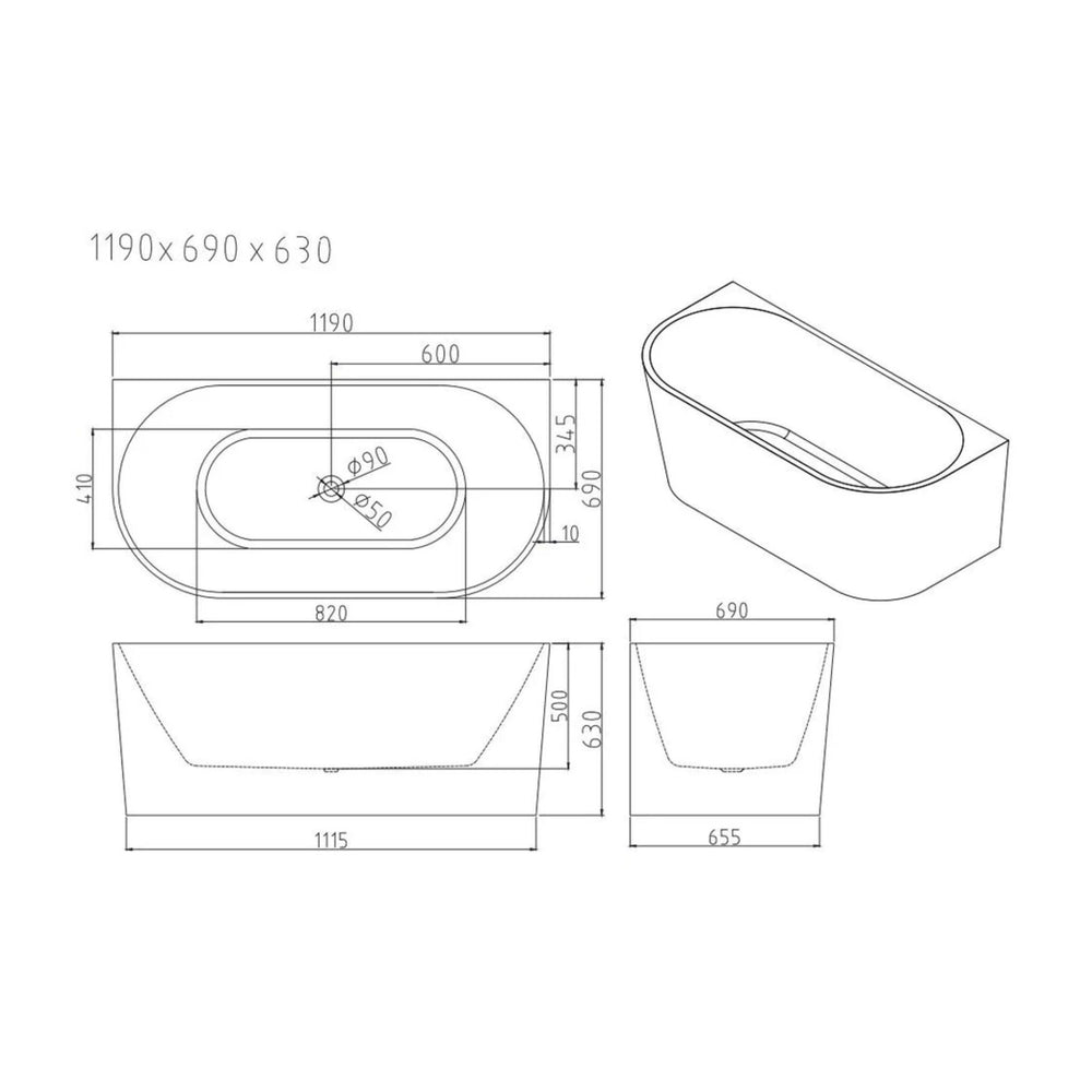 MERCIO MUSEN ULTRA THIN BACK TO WALL BATHTUB GLOSS WHITE (AVAILABLE IN MULTIPLE SIZES)