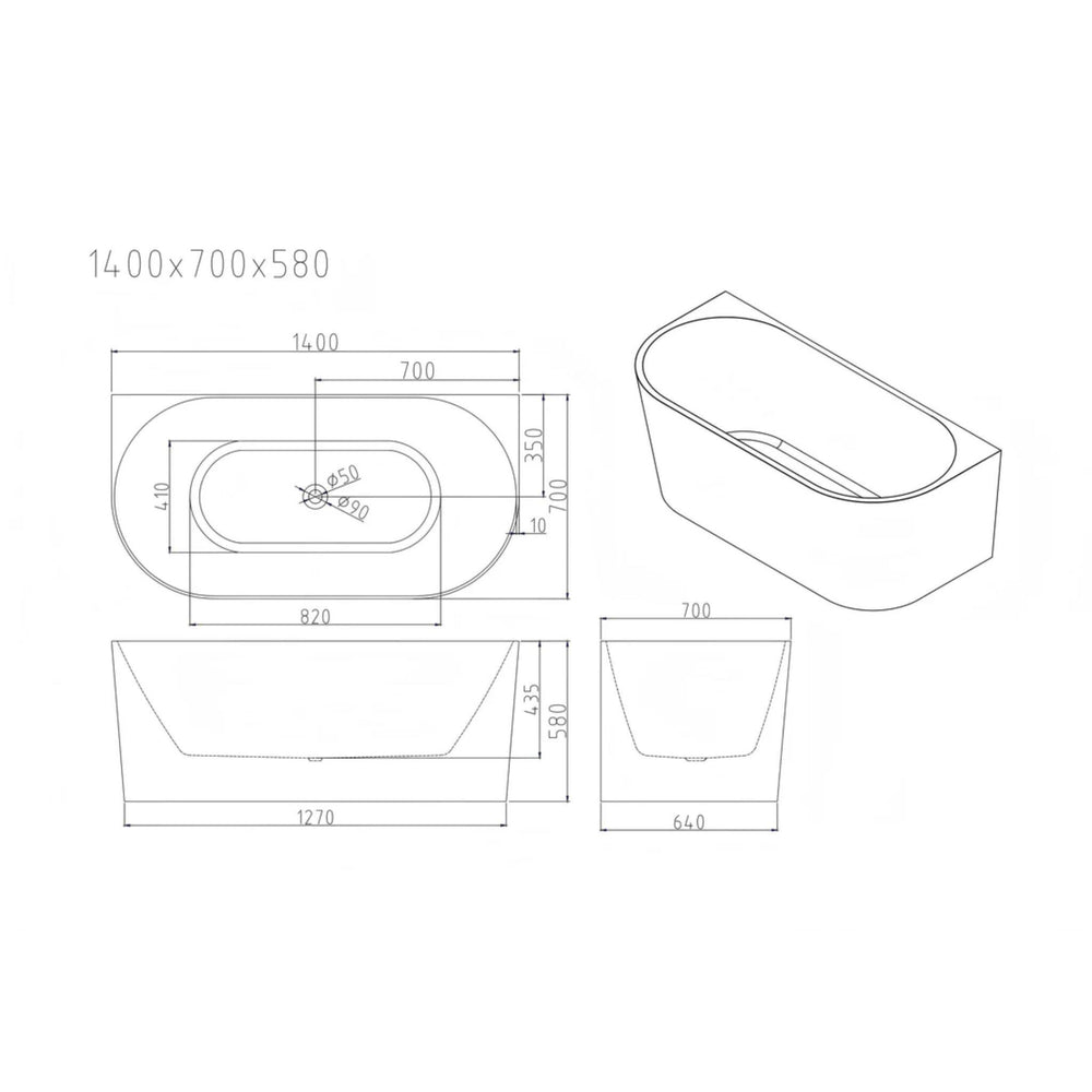 MERCIO MUSEN ULTRA THIN BACK TO WALL BATHTUB GLOSS WHITE (AVAILABLE IN MULTIPLE SIZES)
