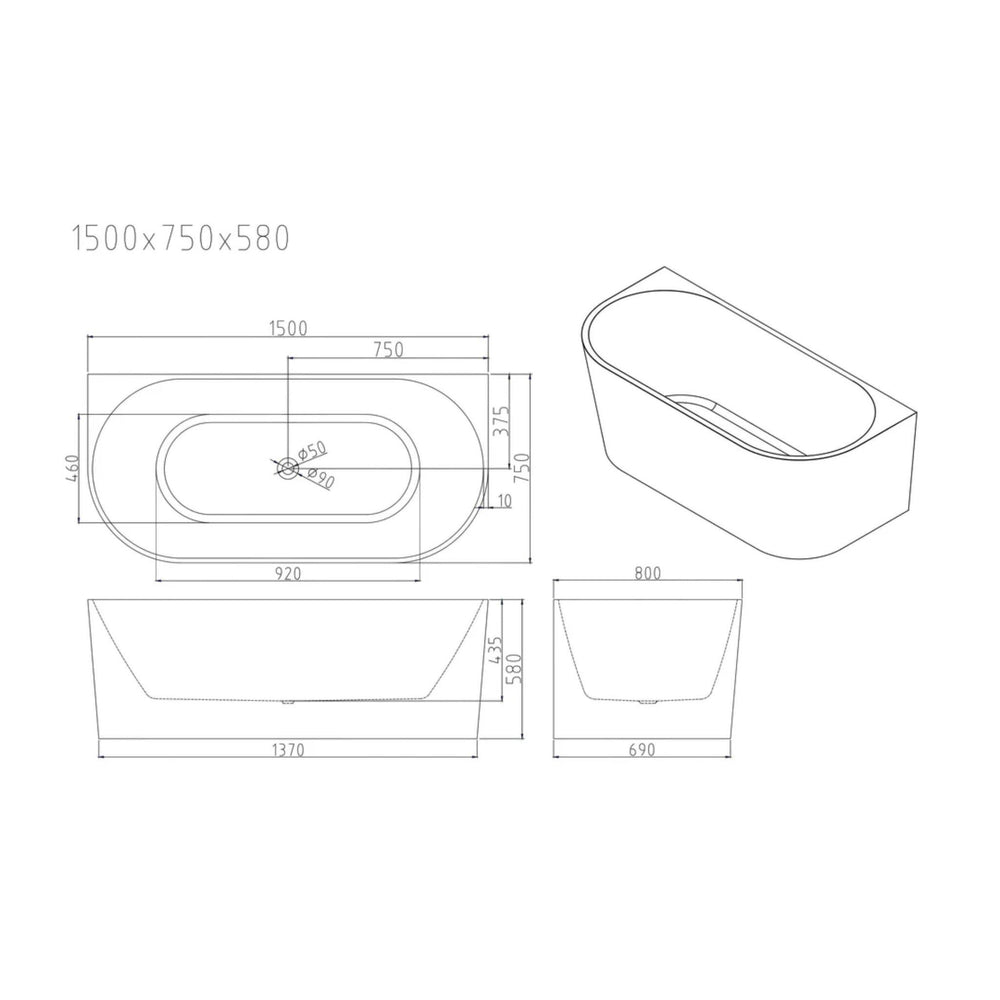 MERCIO MUSEN ULTRA THIN BACK TO WALL BATHTUB GLOSS WHITE (AVAILABLE IN MULTIPLE SIZES)