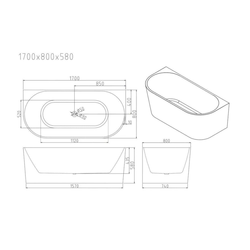 MERCIO MUSEN ULTRA THIN BACK TO WALL BATHTUB GLOSS WHITE (AVAILABLE IN MULTIPLE SIZES)