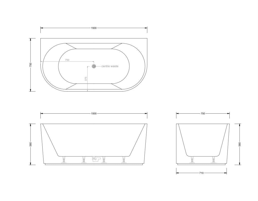 BROADWAY MALLORCA FLUTED BACK TO WALL SPA BATHTUB GLOSS WHITE (AVAILABLE IN 1500MM AND 1700MM) WITH 10-JETS