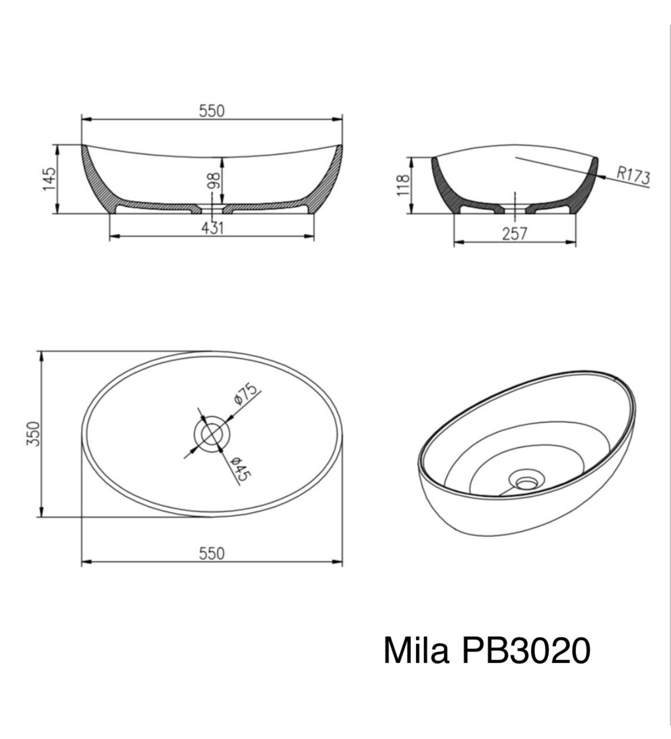 PIETRA BIANCA MILA ABOVE COUNTER STONE BASIN WITH MULTICOLOUR 550MM