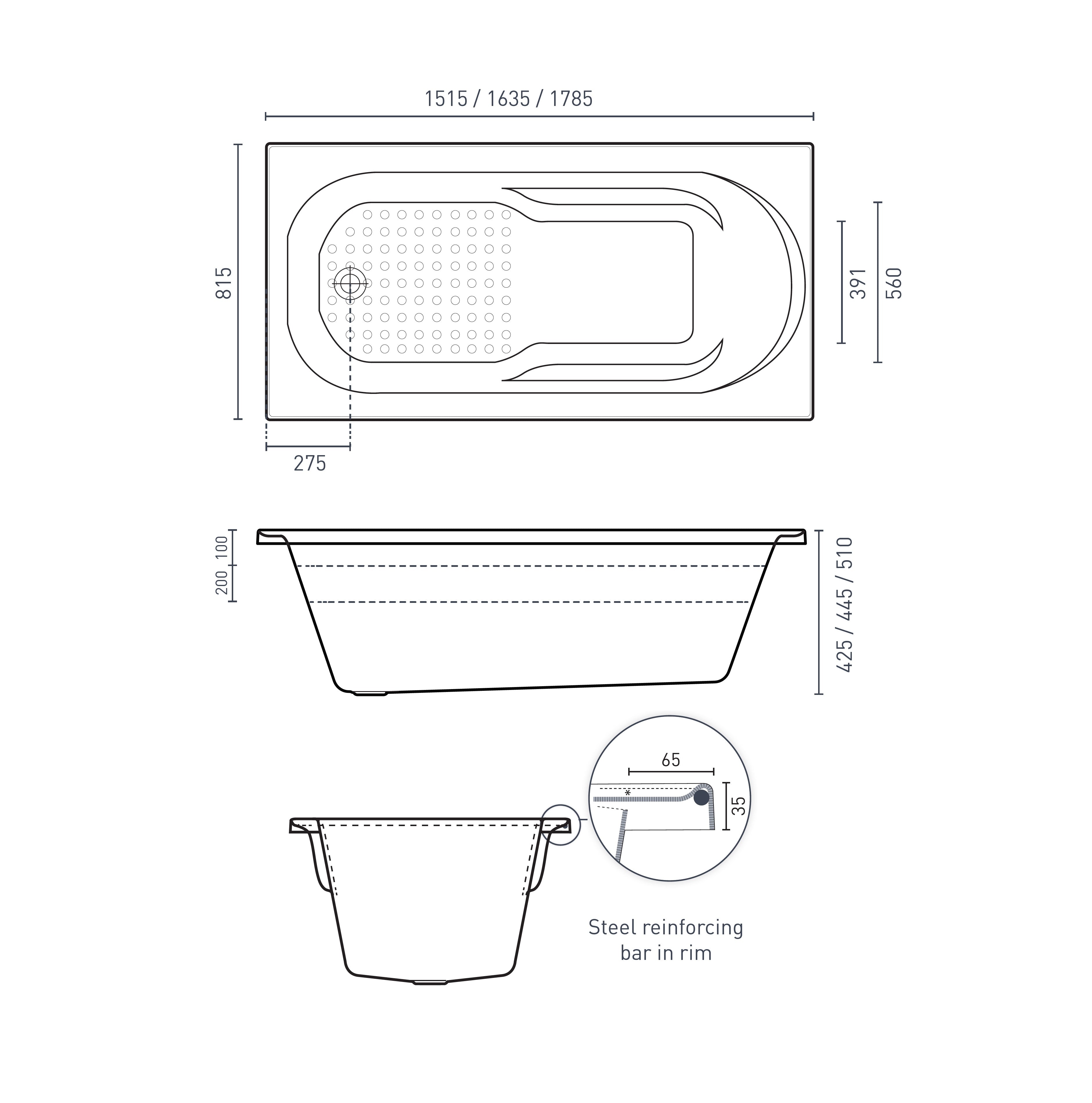 DECINA MODENA INSET SANTAI SPA BATH GLOSS WHITE (AVAILABLE IN 1515MM, 1635MM AND 1785MM) WITH 10-JETS