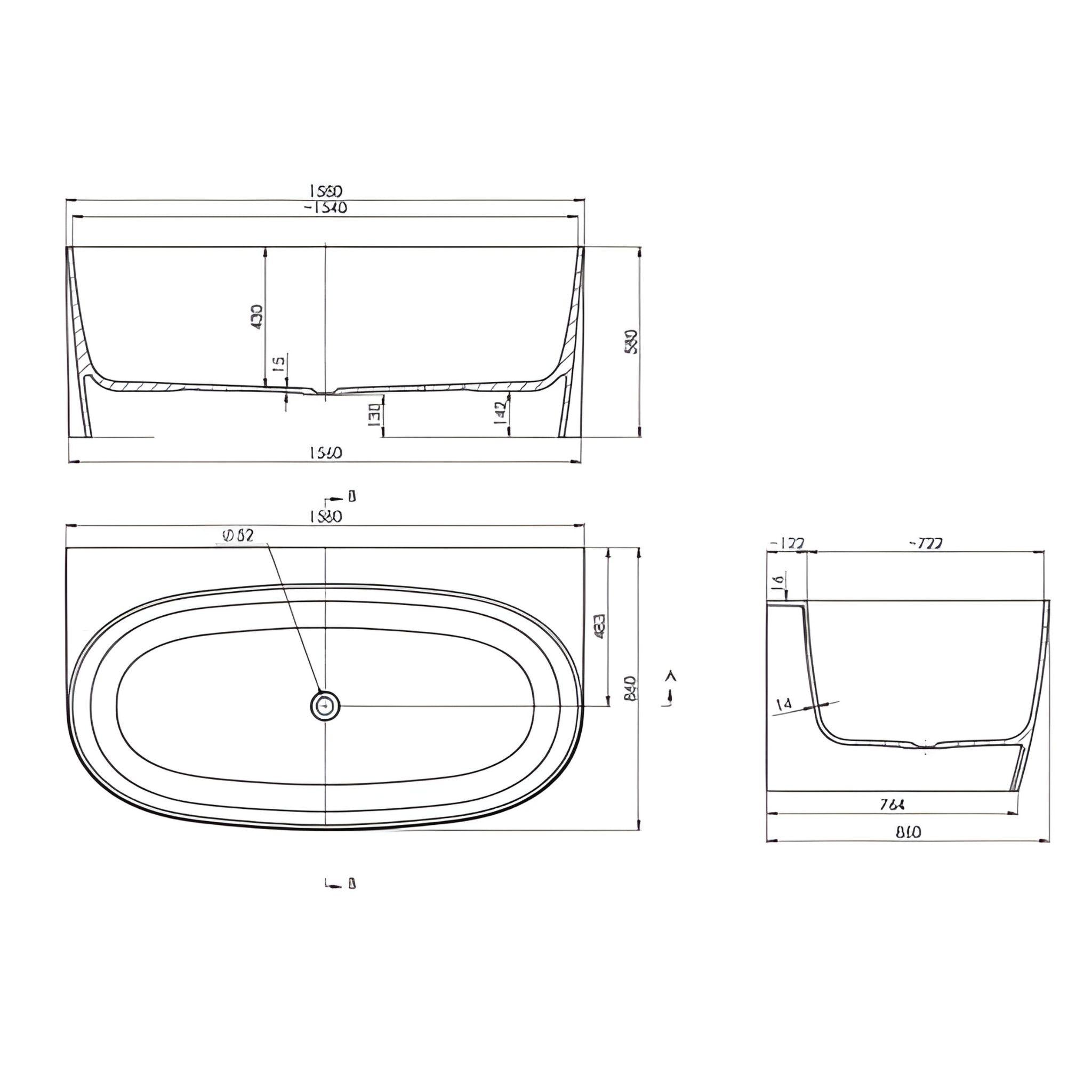 TURNER HASTINGS NARVA MAGNACAST BACK TO WALL BATHTUB MATTE WHITE 1580MM