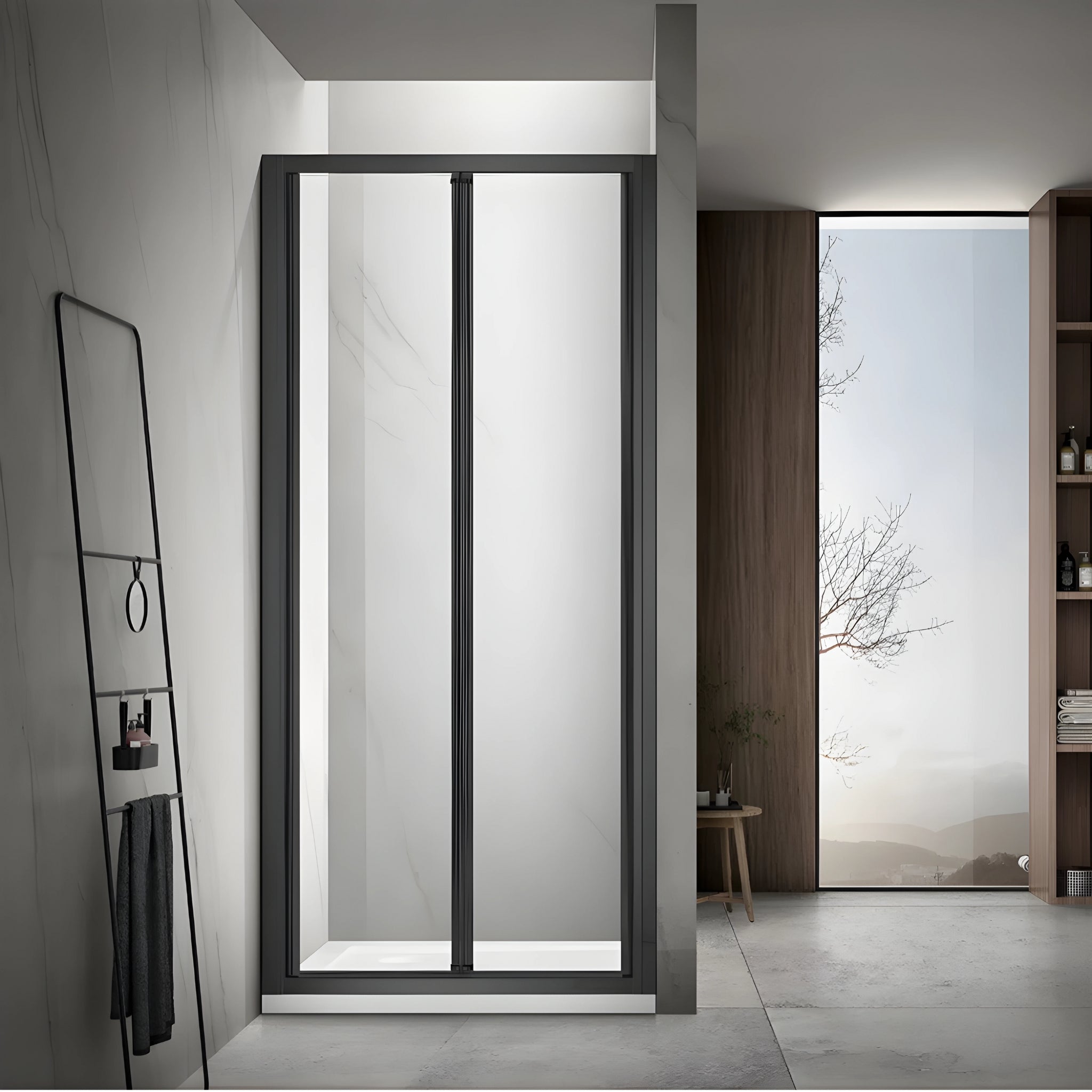 COVEY FULL FRAMED BI FOLD SWIVAL SHOWER SCREEN MATTE BLACK