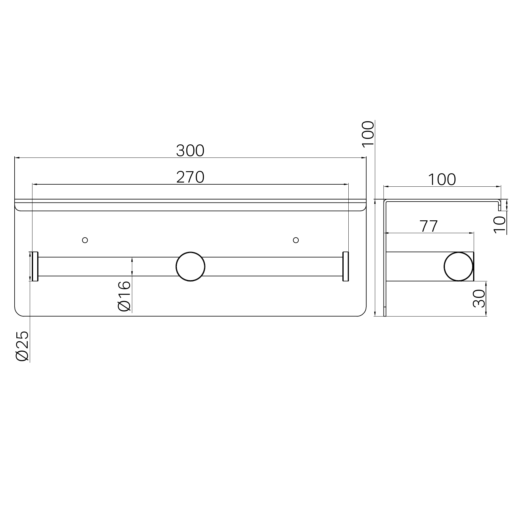 NERO MECCA DOUBLE TOILET ROLL HOLDER 270MM WITH SHELF 300MM BRUSHED NICKEL