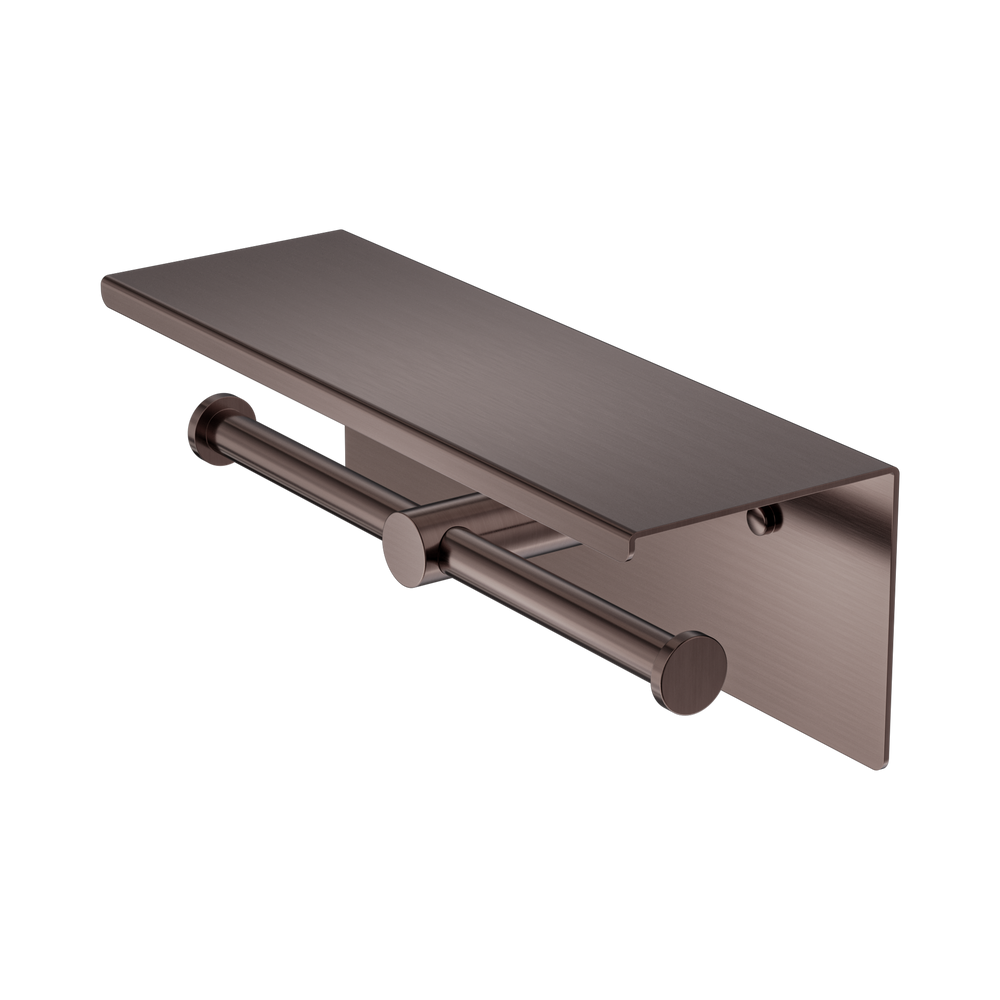 NERO MECCA DOUBLE TOILET ROLL HOLDER 270MM WITH SHELF 300MM BRUSHED BRONZE