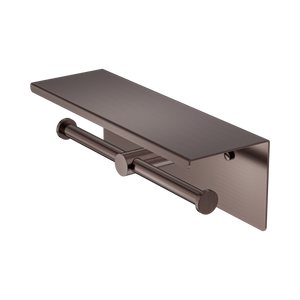 NERO MECCA DOUBLE TOILET ROLL HOLDER 270MM WITH SHELF 300MM BRUSHED BRONZE