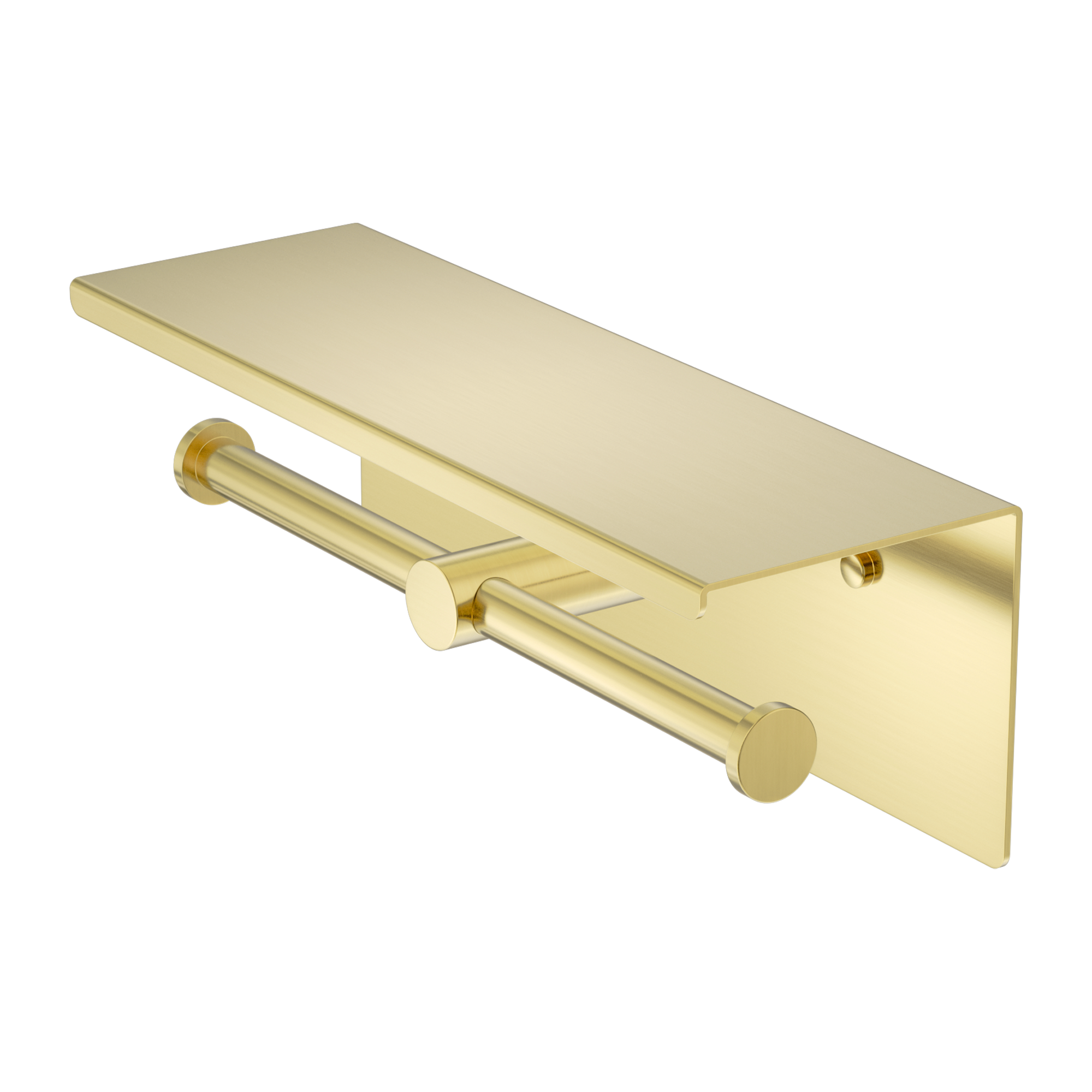 NERO MECCA DOUBLE TOILET ROLL HOLDER 270MM WITH SHELF 300MM BRUSHED GOLD