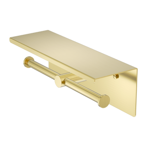 NERO MECCA DOUBLE TOILET ROLL HOLDER 270MM WITH SHELF 300MM BRUSHED GOLD