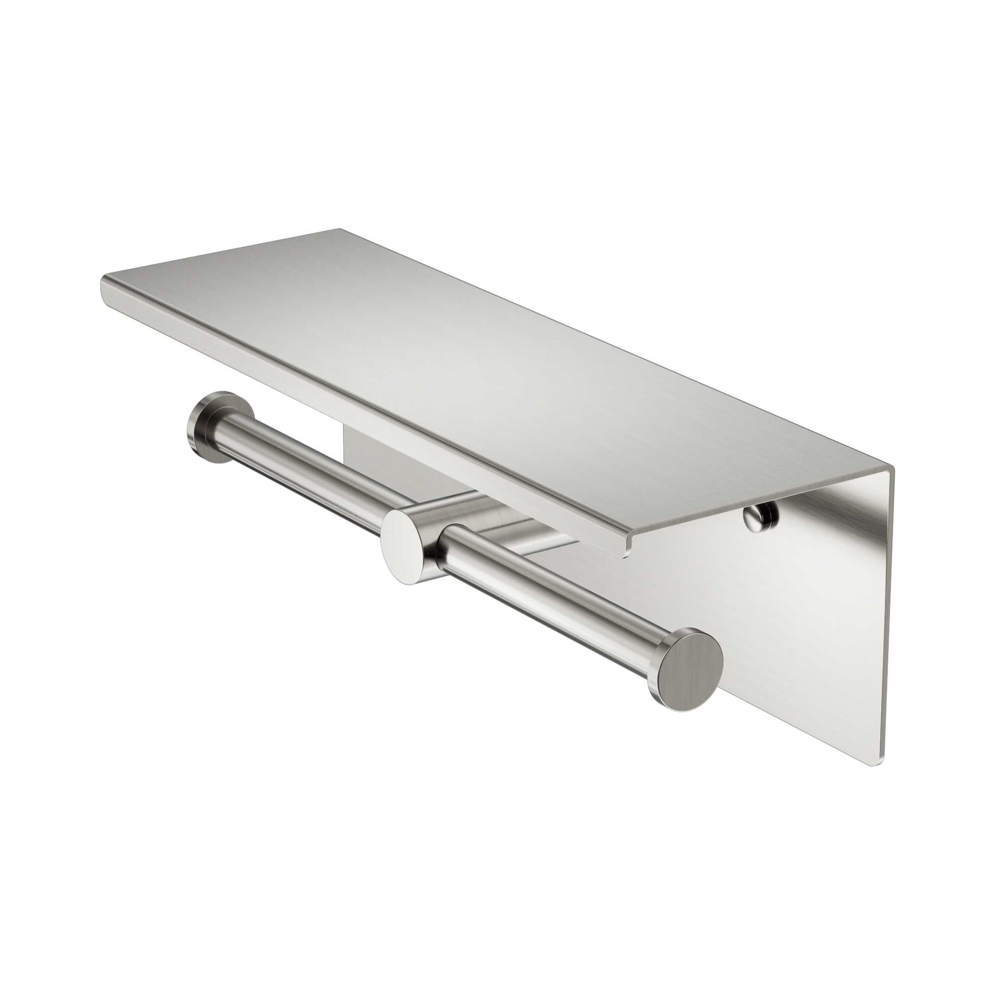 NERO MECCA DOUBLE TOILET ROLL HOLDER 270MM WITH SHELF 300MM BRUSHED NICKEL