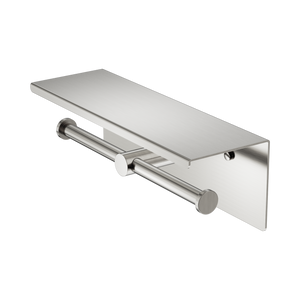 NERO MECCA DOUBLE TOILET ROLL HOLDER 270MM WITH SHELF 300MM BRUSHED NICKEL