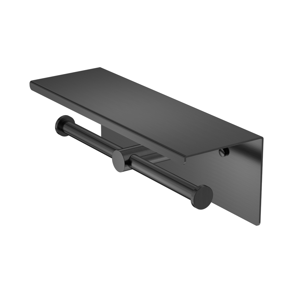 NERO MECCA DOUBLE TOILET ROLL HOLDER 270MM WITH SHELF 300MM GUN METAL