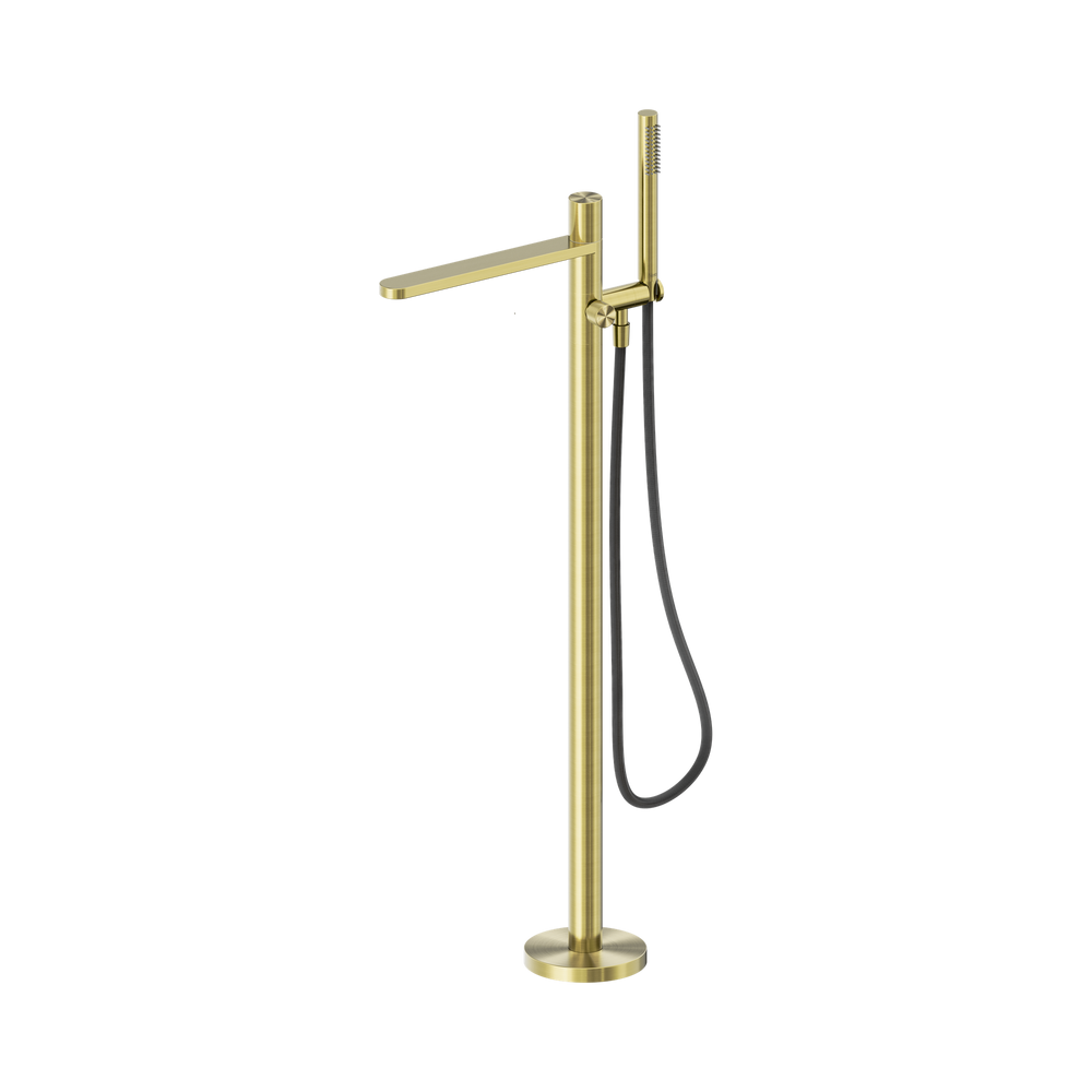 NERO PURE PROGRESSIVE FREESTANDING BATH MIXER WITH OUTDOOR SHOWER HOSE 1156MM BRUSHED GOLD