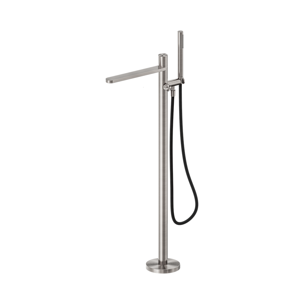 NERO PURE PROGRESSIVE FREESTANDING BATH MIXER WITH OUTDOOR SHOWER HOSE 1156MM BRUSHED NICKEL