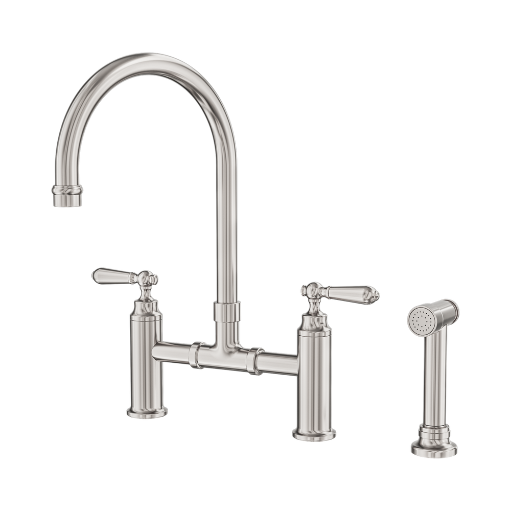NERO YORK LEAD FREE BRIDGE KITCHEN SET WITH HAND SPRAY 385MM BRUSHED NICKEL