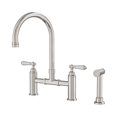 NERO YORK LEAD FREE BRIDGE KITCHEN SET WITH HAND SPRAY 385MM BRUSHED NICKEL