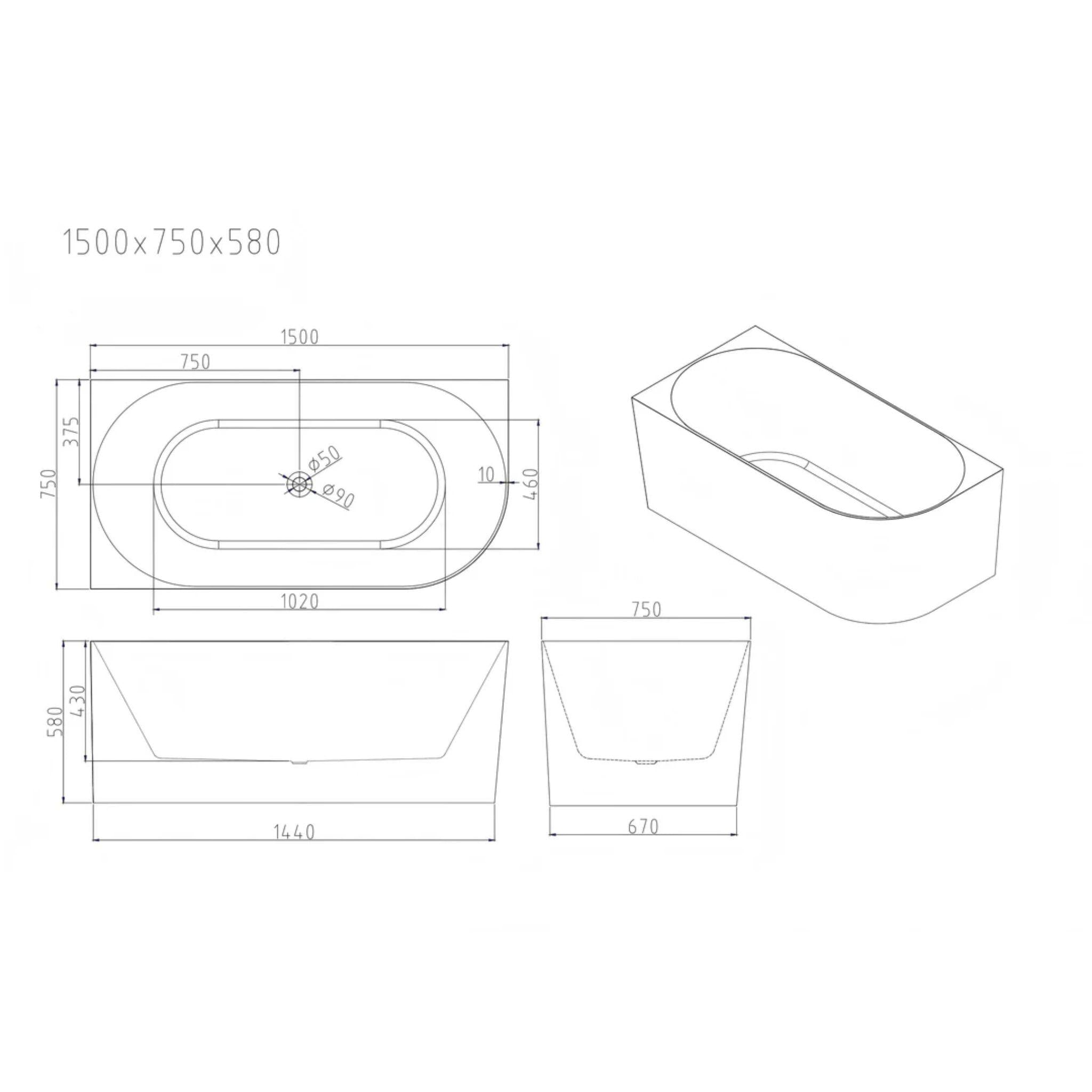 MERCIO NOVA ULTRA THIN LEFT CORNER BATHTUB GLOSS WHITE (AVAILABLE IN 1400MM, 1500MM AND 1700MM)