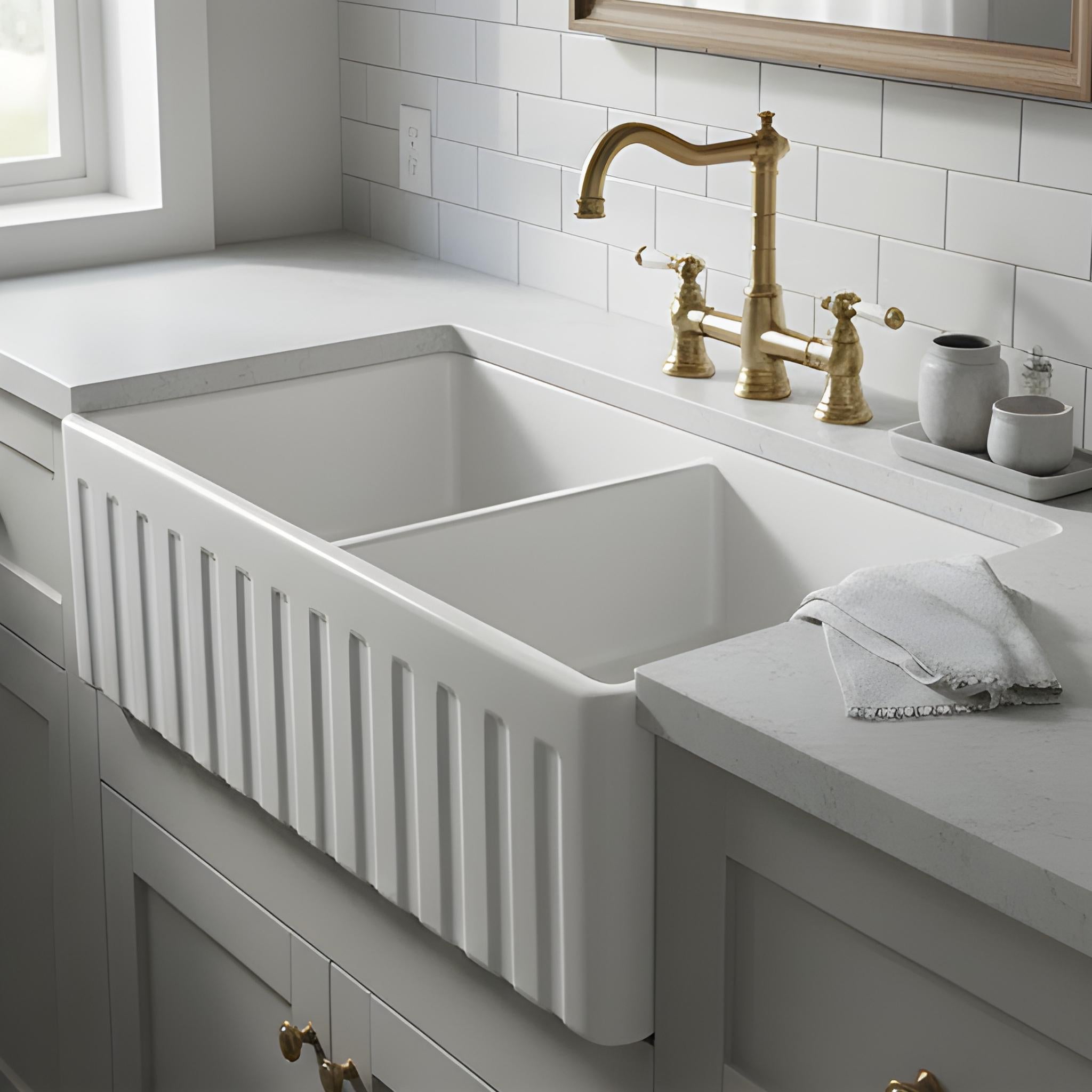 TURNER HASTINGS NOVI FIRECLAY DOUBLE BOWL FARMHOUSE BUTLER SINK WITH OVERFLOW MATTE WHITE 840MM