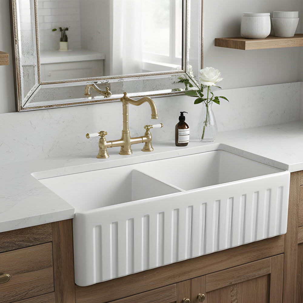 TURNER HASTINGS NOVI FIRECLAY DOUBLE BOWL FARMHOUSE BUTLER SINK MATTE WHITE 840MM