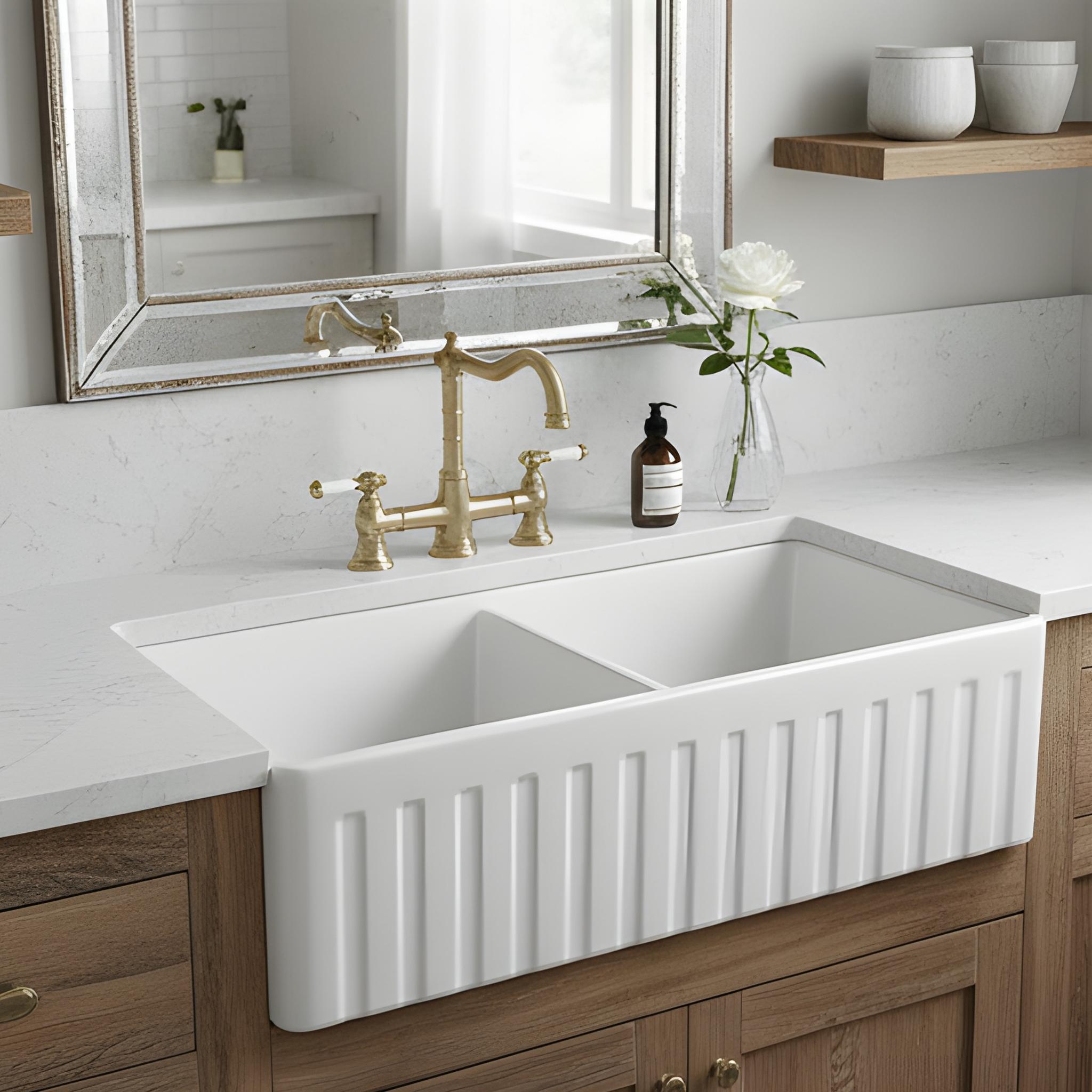 TURNER HASTINGS NOVI FIRECLAY DOUBLE BOWL FARMHOUSE BUTLER SINK WITH OVERFLOW MATTE WHITE 840MM