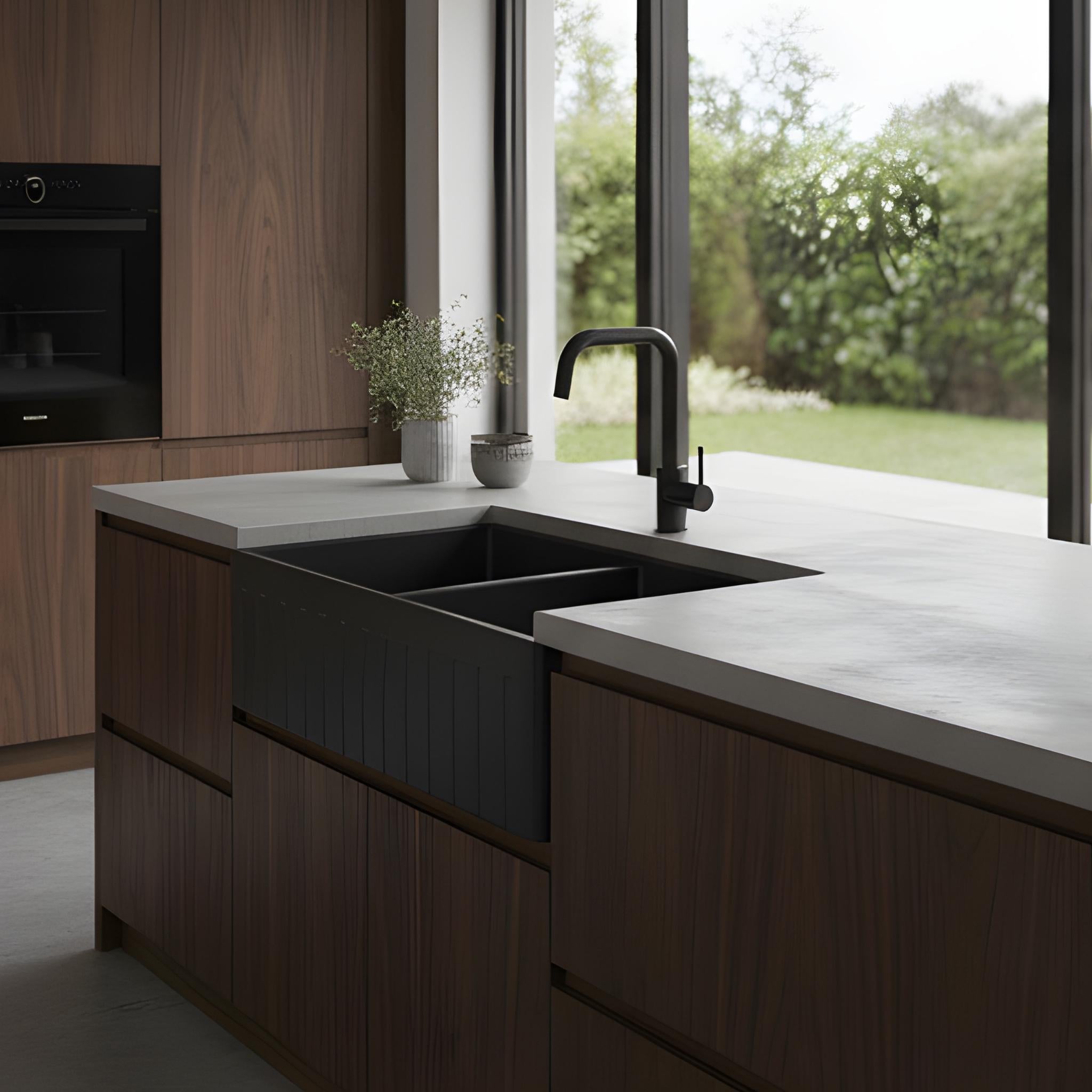 TURNER HASTINGS NOVI FIRECLAY DOUBLE BOWL FARMHOUSE BUTLER SINK WITH OVERFLOW MATTE BLACK 840MM