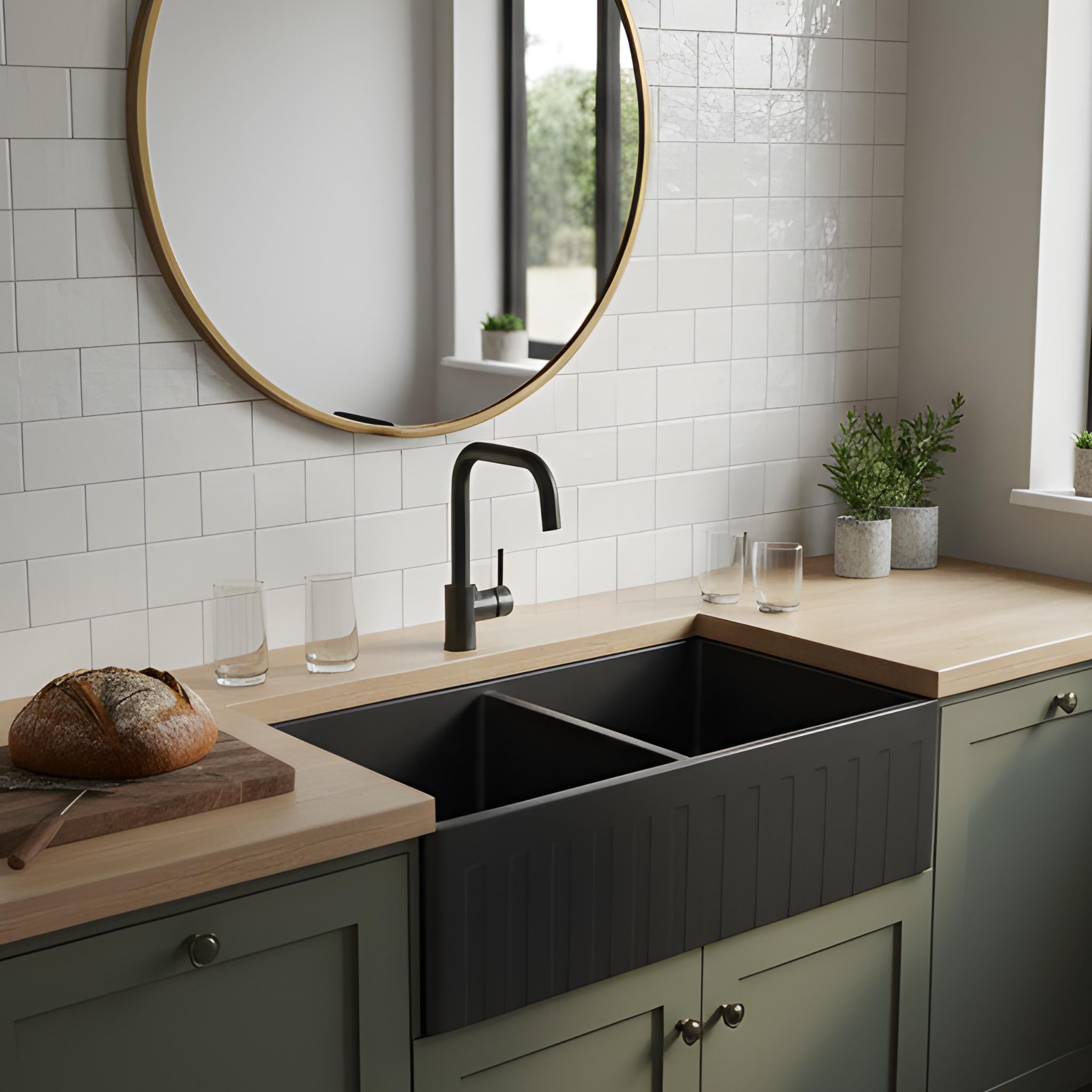 TURNER HASTINGS NOVI FIRECLAY DOUBLE BOWL FARMHOUSE BUTLER SINK WITH OVERFLOW MATTE BLACK 840MM