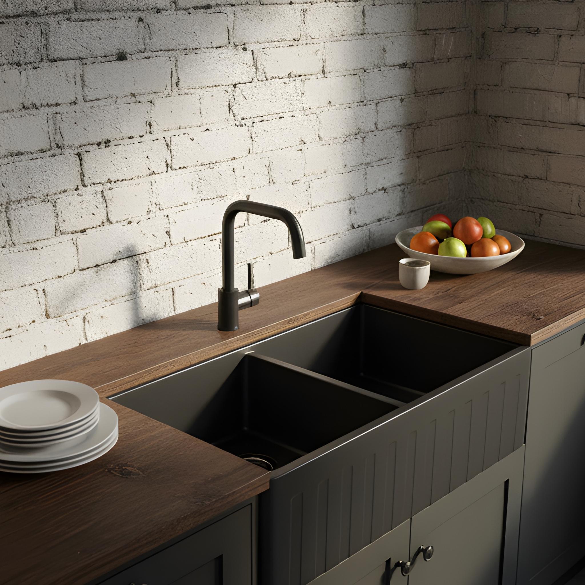TURNER HASTINGS NOVI FIRECLAY DOUBLE BOWL FARMHOUSE BUTLER SINK WITH OVERFLOW MATTE BLACK 840MM