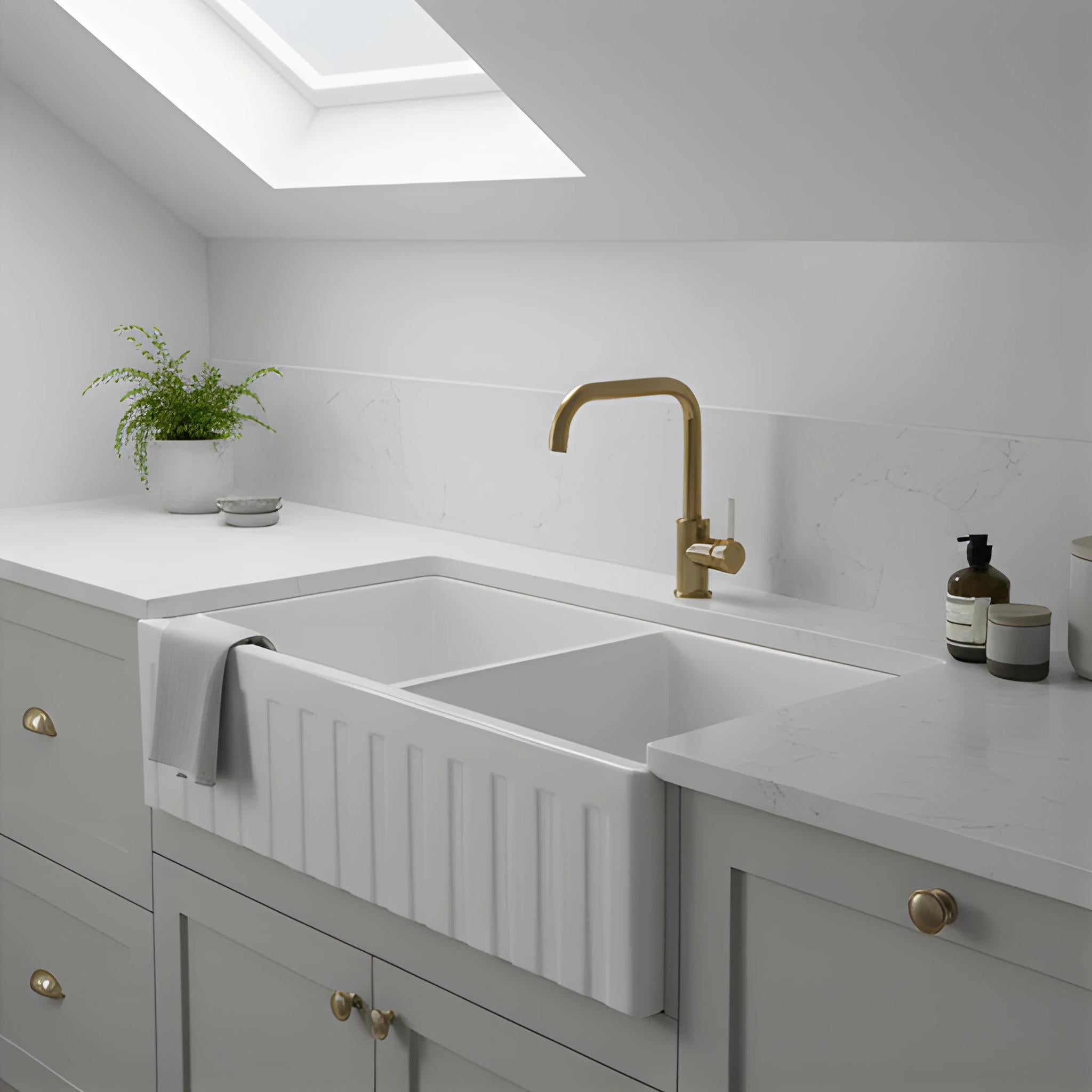 TURNER HASTINGS NOVI FIRECLAY DOUBLE BOWL FARMHOUSE BUTLER SINK WITH OVERFLOW GLOSS WHITE 840MM