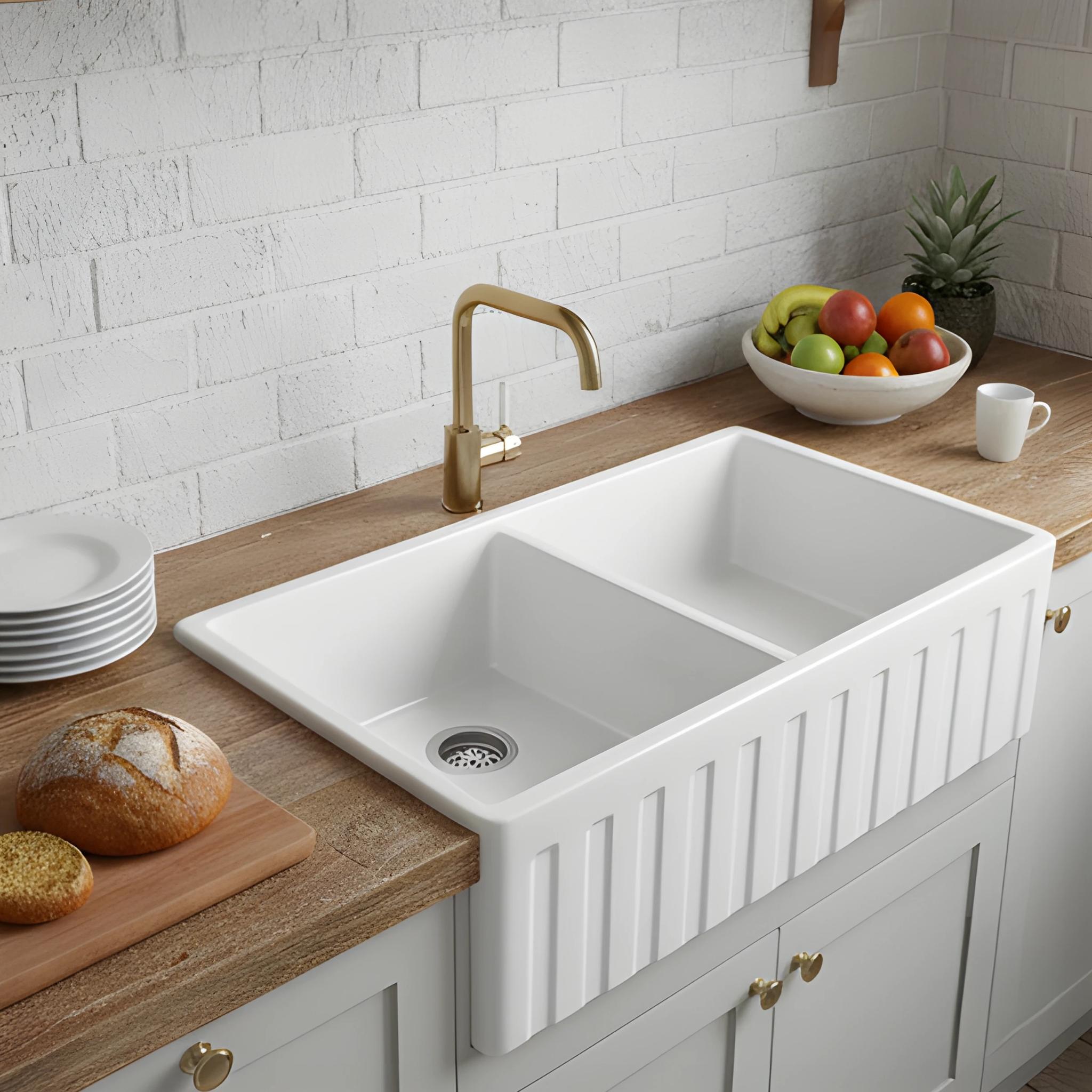 TURNER HASTINGS NOVI FIRECLAY DOUBLE BOWL FARMHOUSE BUTLER SINK WITH OVERFLOW GLOSS WHITE 840MM