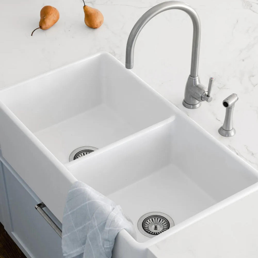 TURNER HASTINGS NOVI FIRECLAY DOUBLE BOWL FARMHOUSE BUTLER SINK GLOSS WHITE 840MM