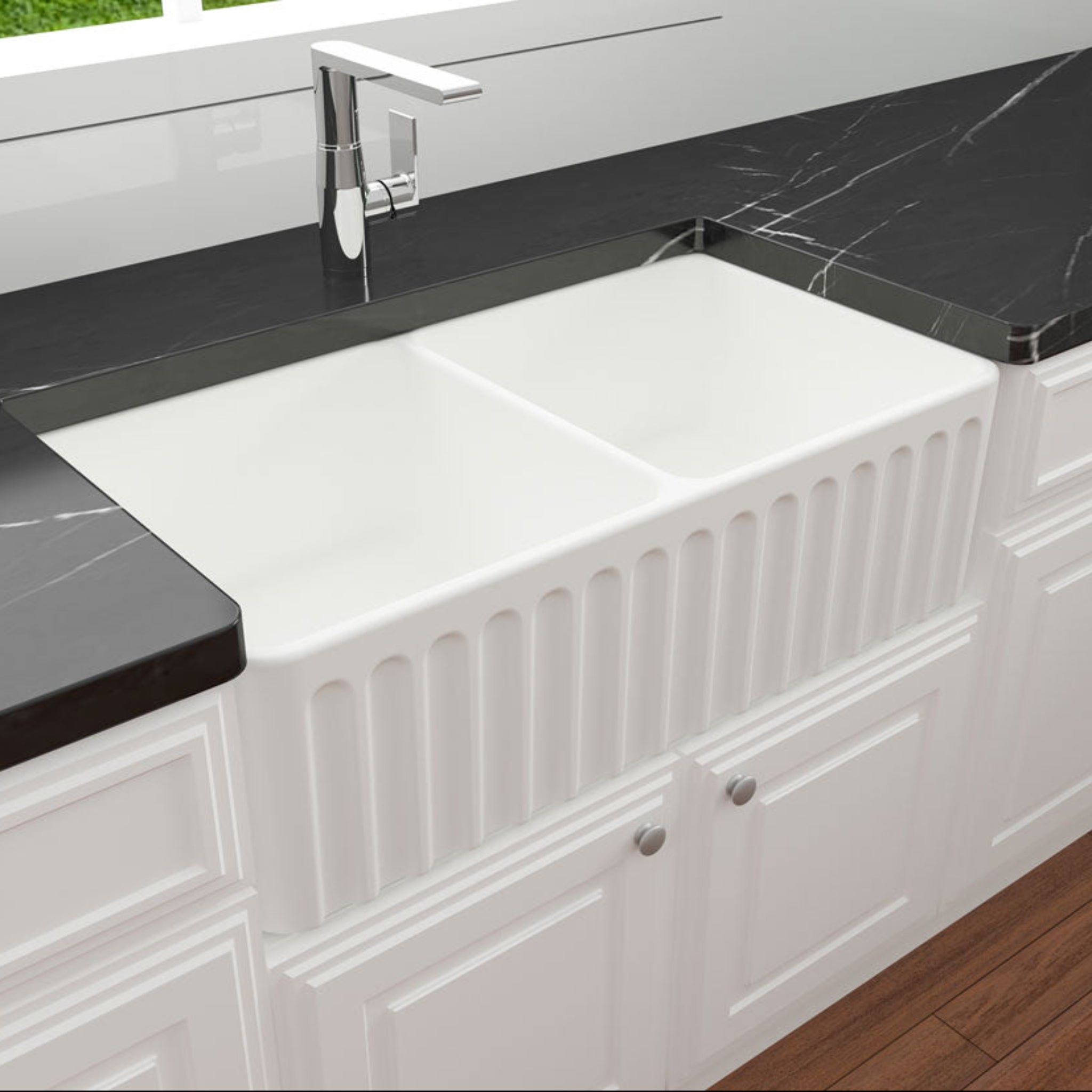 TURNER HASTINGS NOVI FARMHOUSE DOUBLE BOWL BUTLER SINK MATTE WHITE 850MM