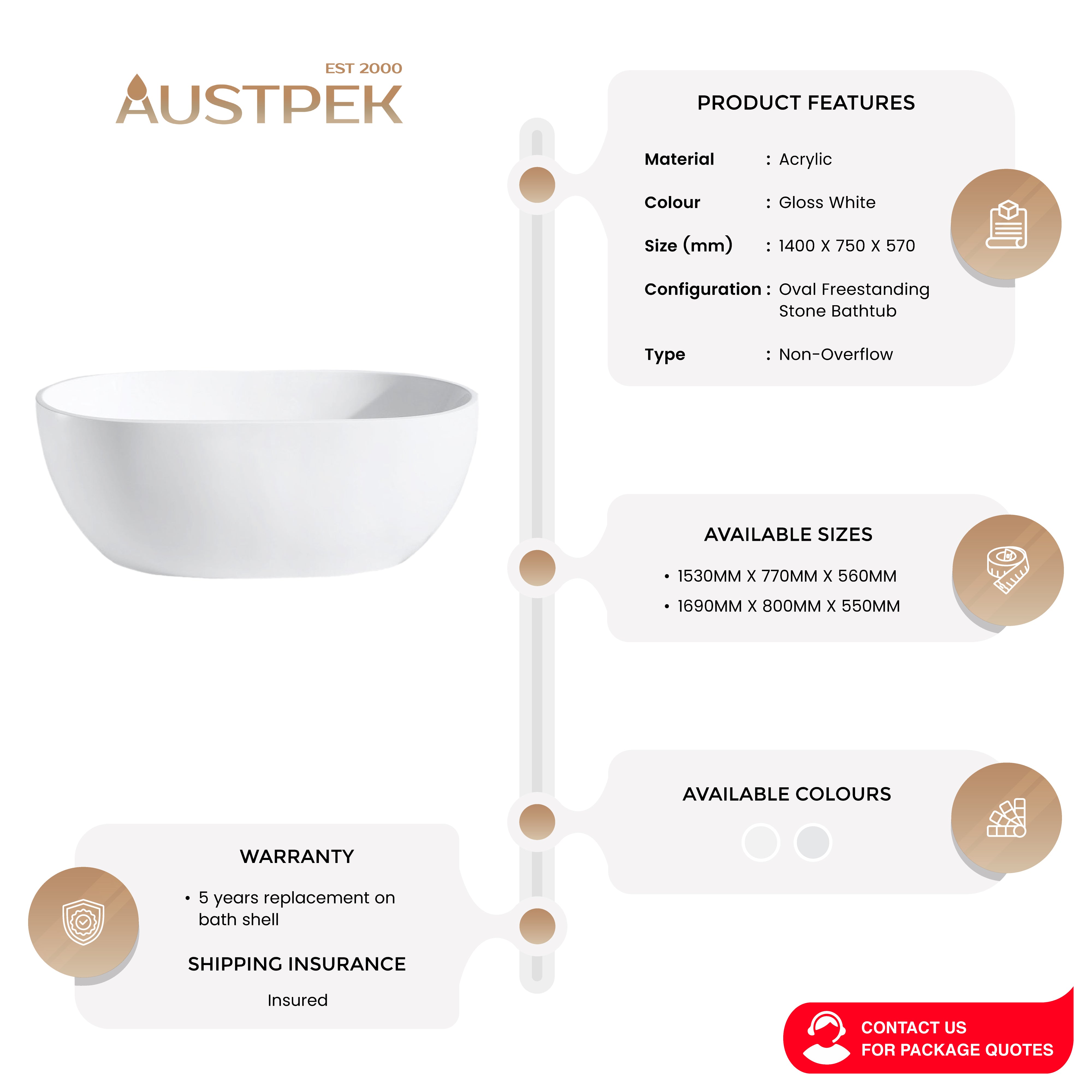 INFINITY NOAH FREESTANDING BATHTUB GLOSS WHITE (AVAILABLE IN 1400MM, 1500MM AND 1700MM)