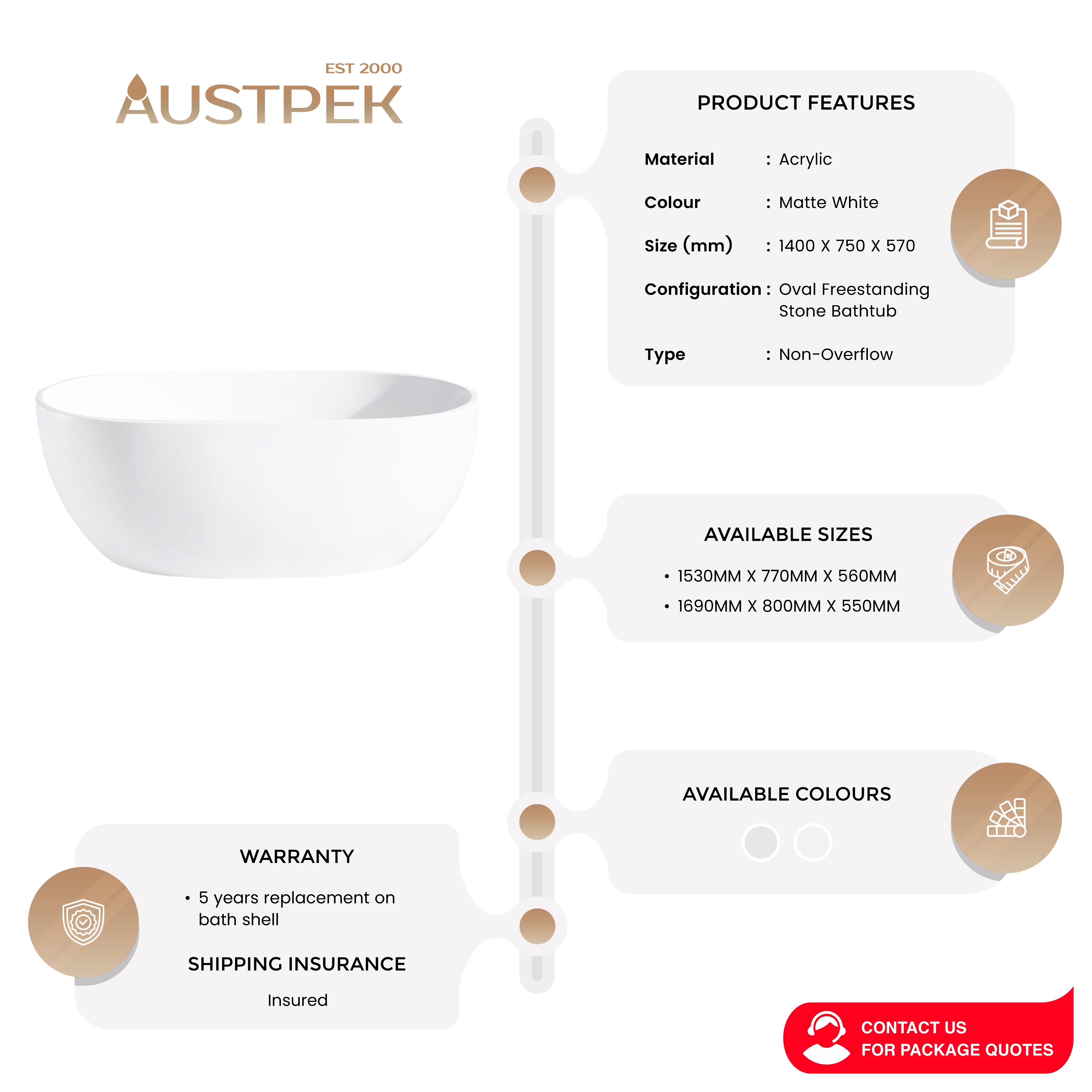 INFINITY NOAH FREESTANDING BATHTUB MATTE WHITE (AVAILABLE IN 1400MM, 1500MM AND 1700MM)