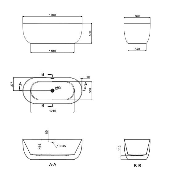Linsol Nora Freestanding Bath 1700mm line drawing