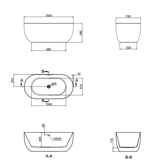 Linsol Nora Freestanding Bath 1500mm line drawing