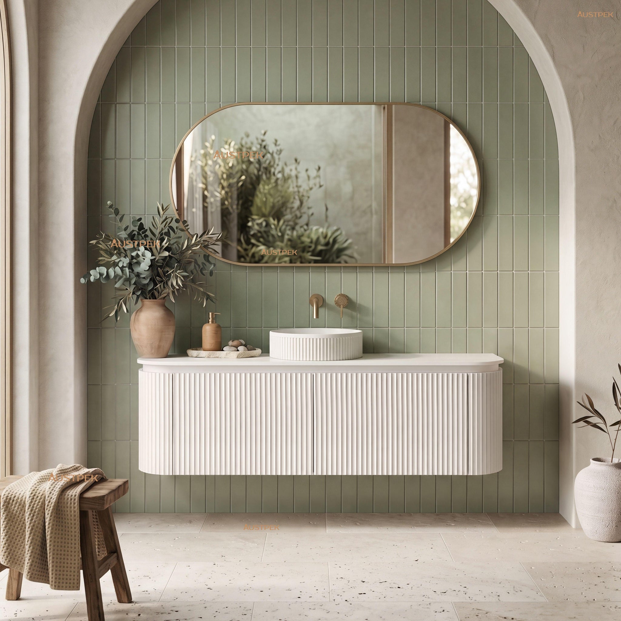 VITO NOOSA MATTE WHITE 1200MM FLUTED CURVED SINGLE BOWL WALL HUNG VANITY