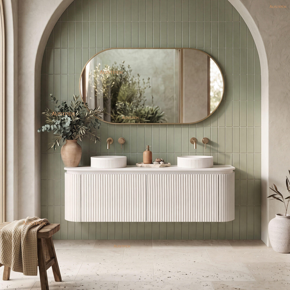 VITO NOOSA MATTE WHITE 1200MM FLUTED CURVED DOUBLE BOWL WALL HUNG VANITY