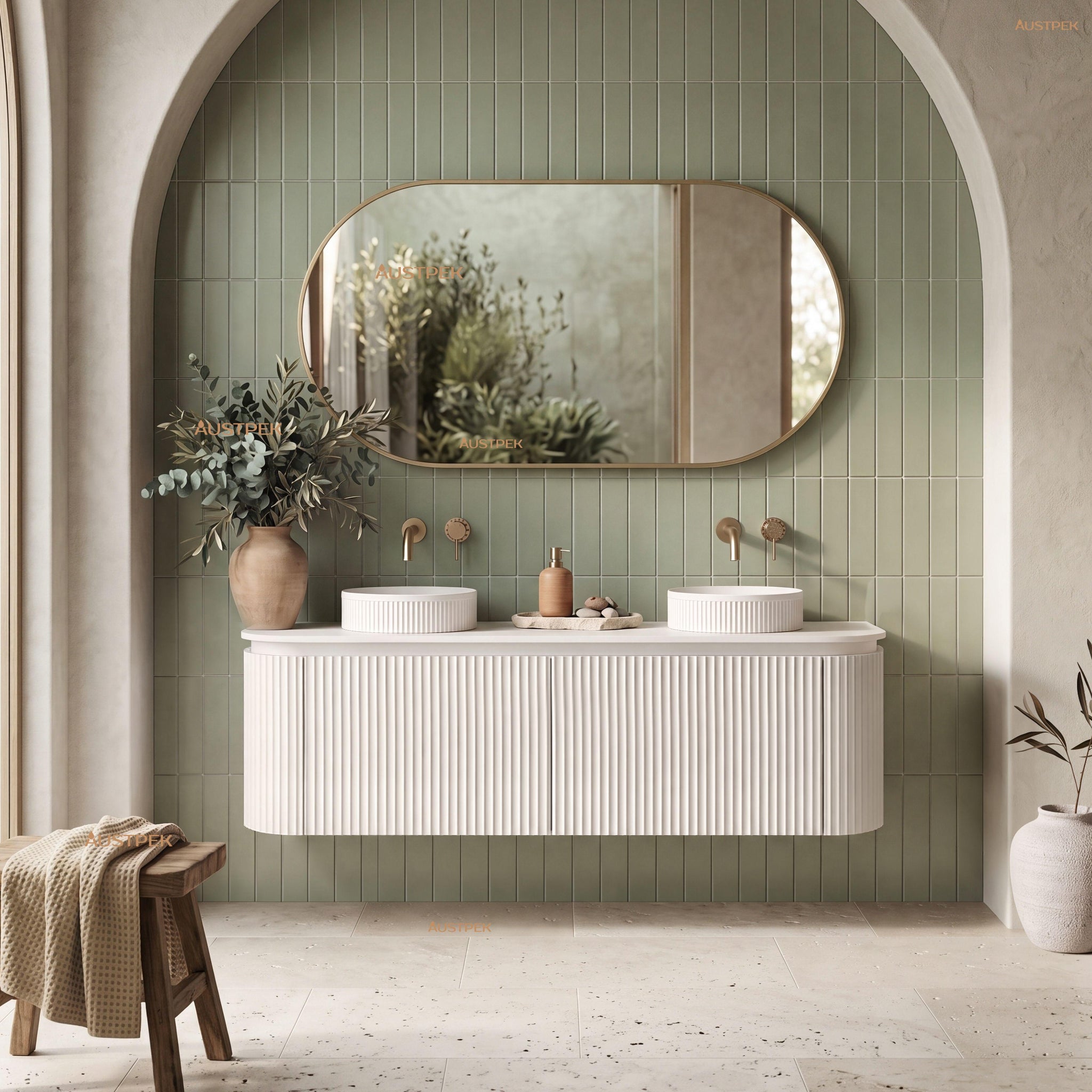 VITO NOOSA MATTE WHITE 1200MM FLUTED CURVED DOUBLE BOWL WALL HUNG VANITY