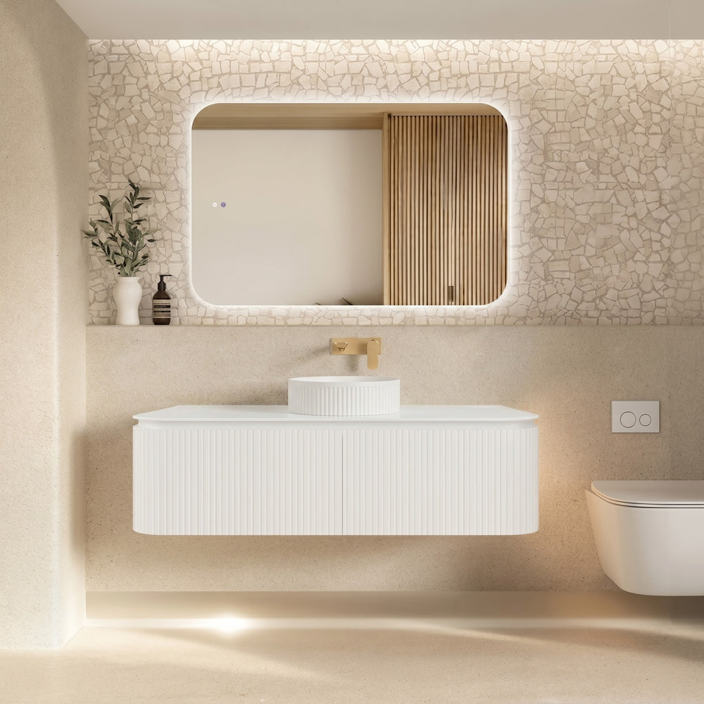 VITO NOOSA MATTE WHITE 1500MM FLUTED CURVED SINGLE BOWL WALL HUNG VANITY