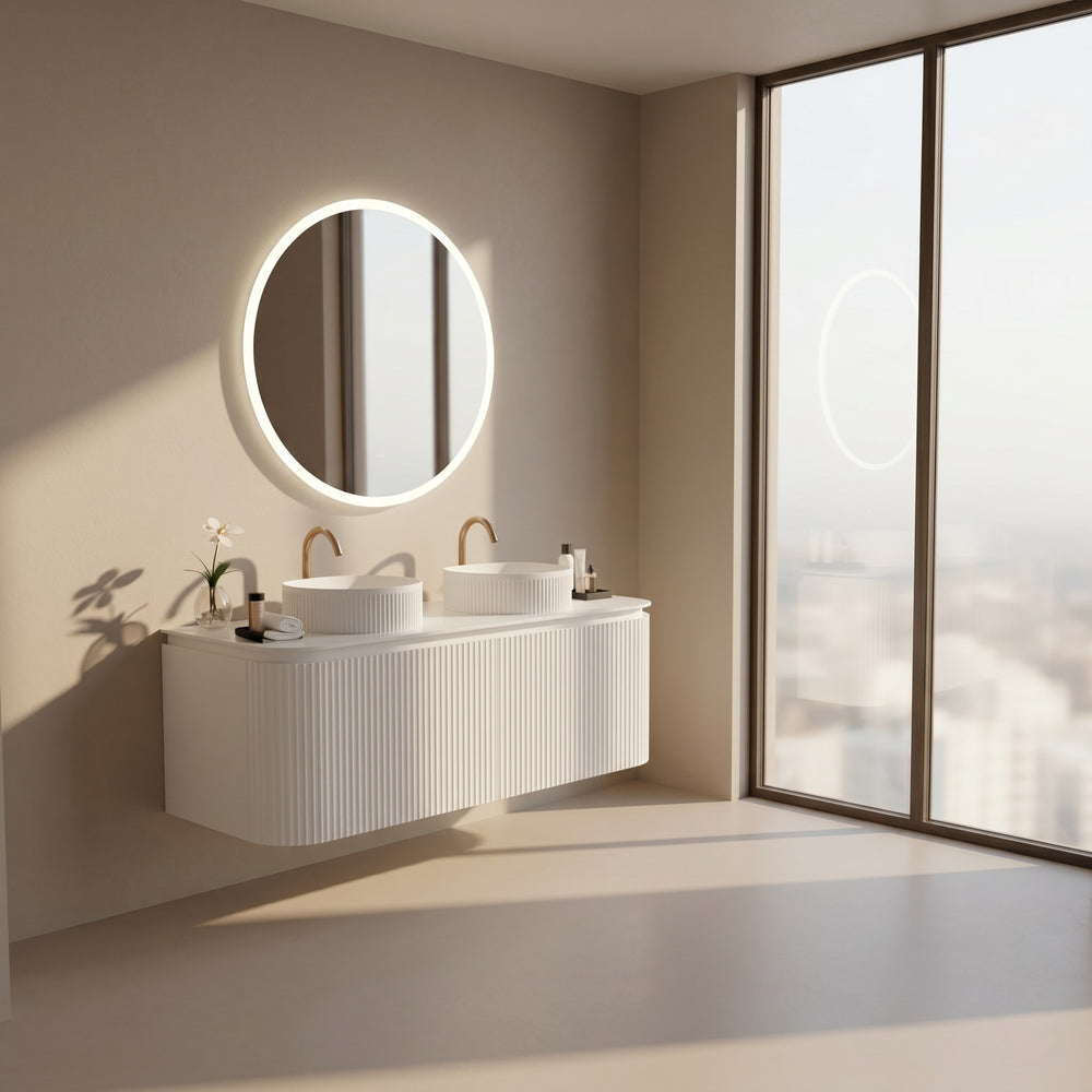 VITO NOOSA MATTE WHITE 1500MM FLUTED CURVED DOUBLE BOWL WALL HUNG VANITY