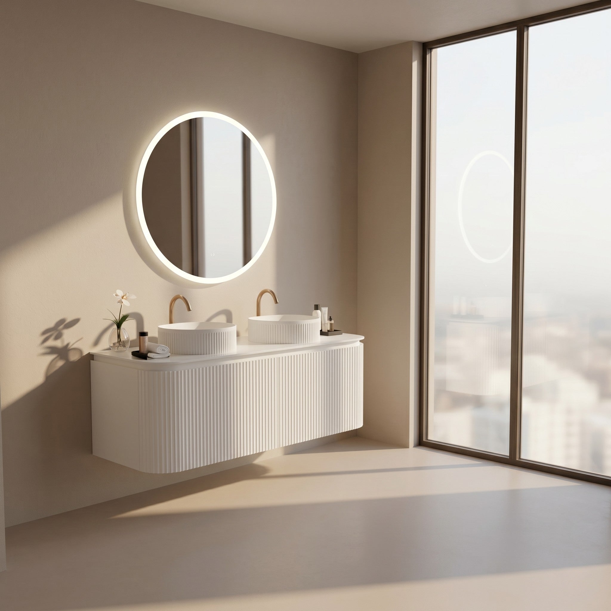 VITO NOOSA MATTE WHITE 1500MM FLUTED CURVED DOUBLE BOWL WALL HUNG VANITY