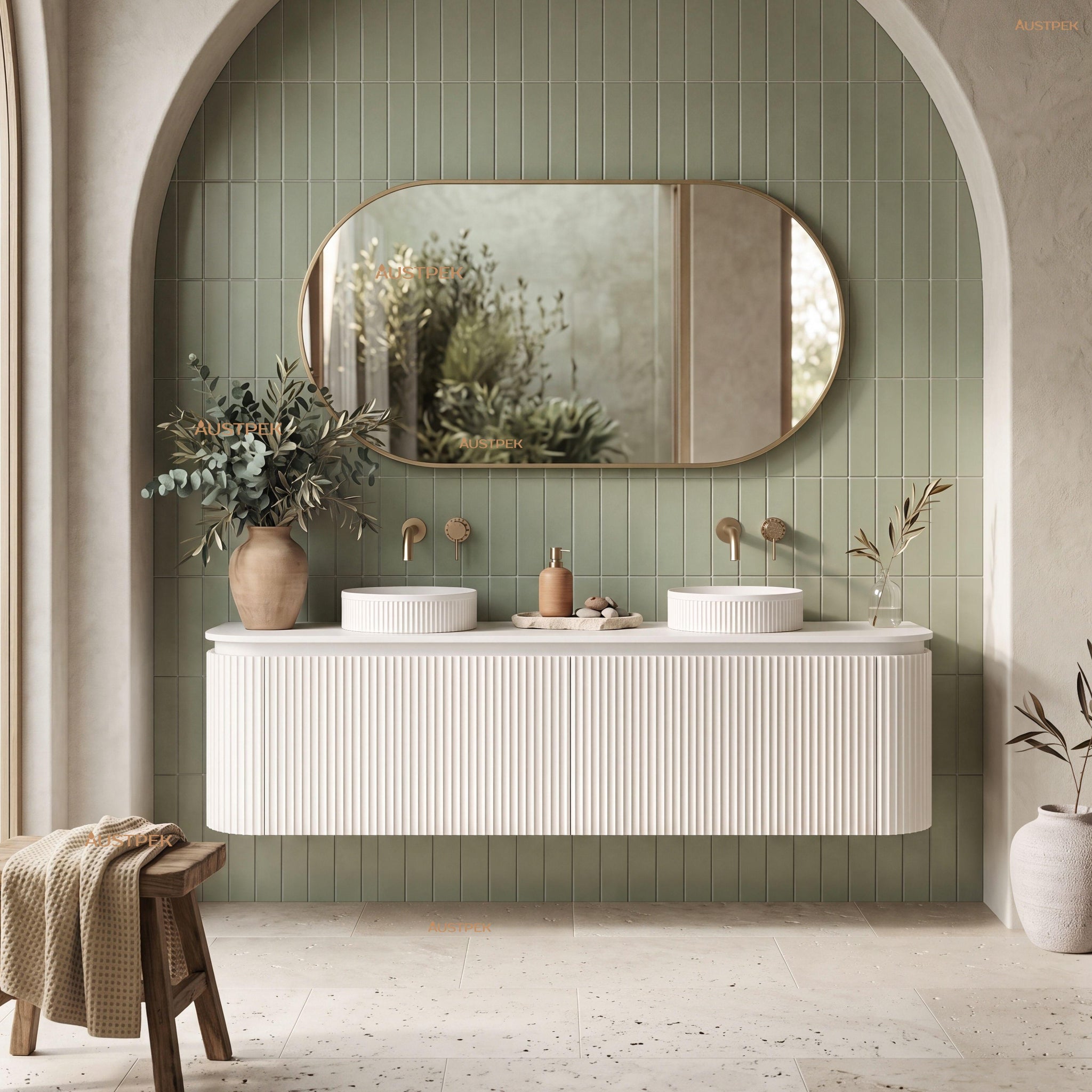 VITO NOOSA MATTE WHITE 1500MM FLUTED CURVED DOUBLE BOWL WALL HUNG VANITY