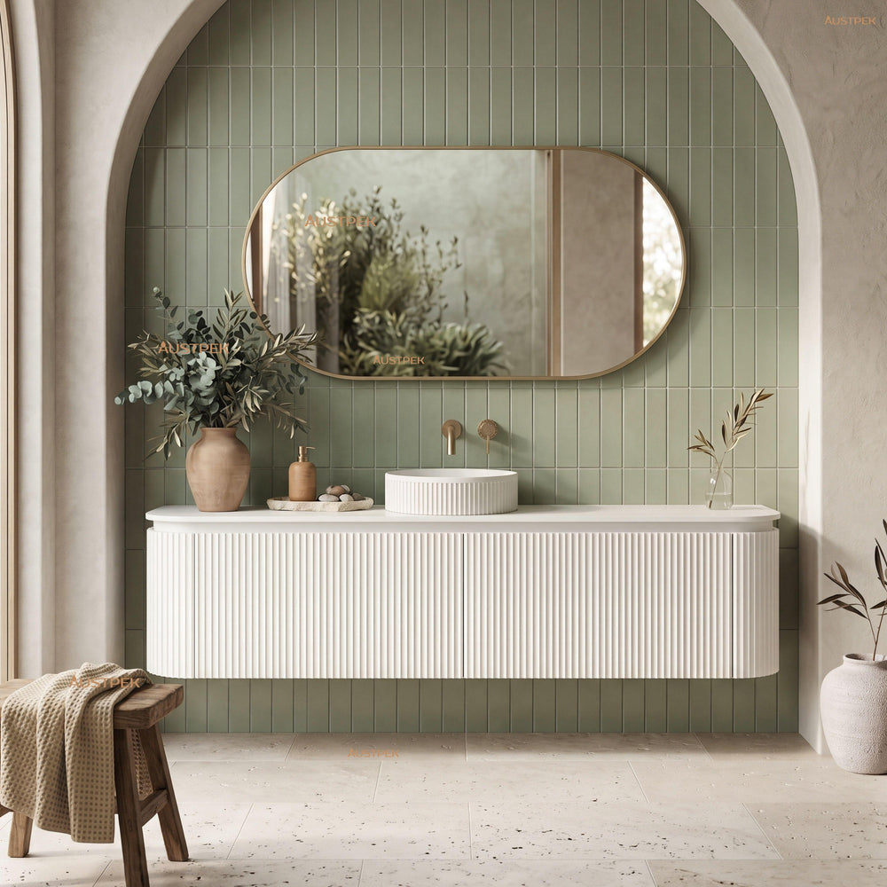 VITO NOOSA MATTE WHITE 1800MM FLUTED CURVED SINGLE BOWL WALL HUNG VANITY