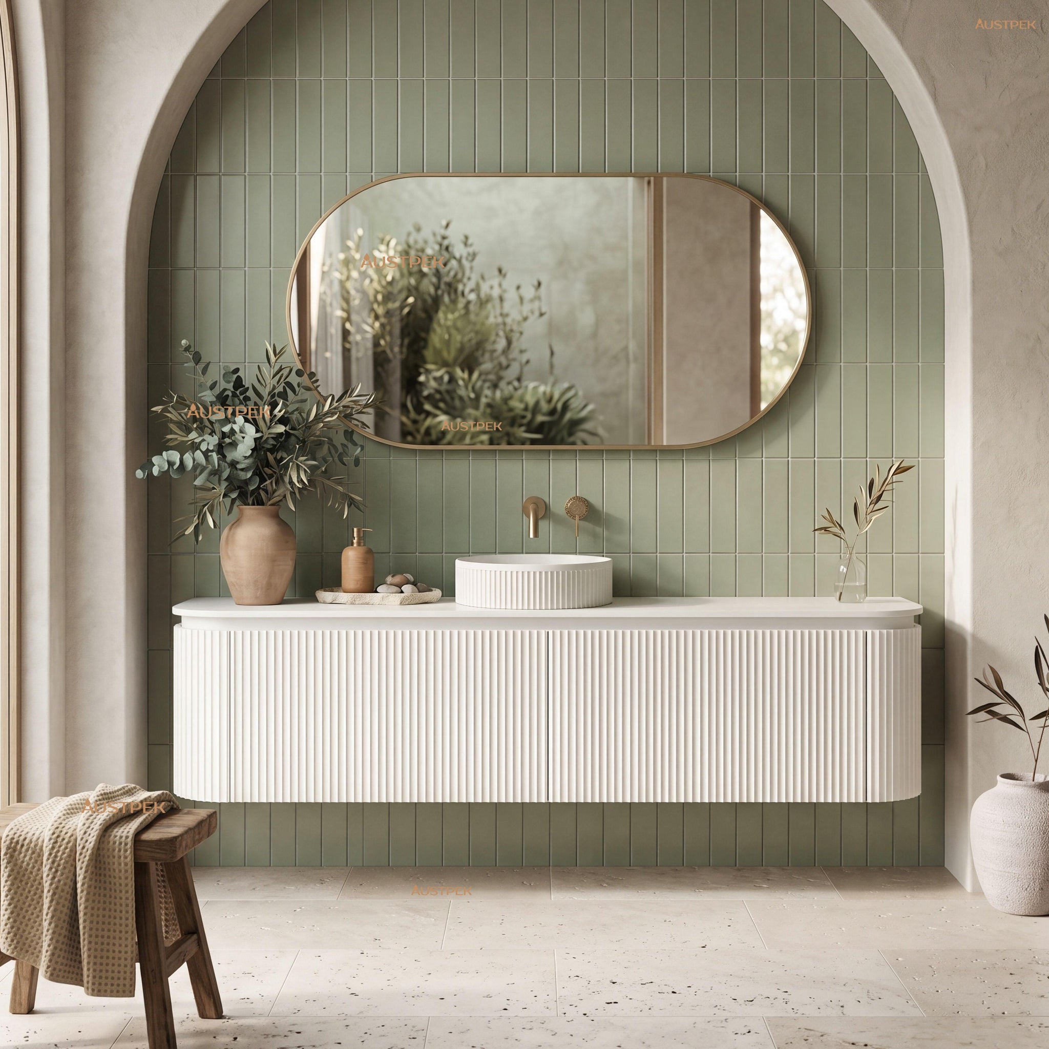 VITO NOOSA MATTE WHITE 1800MM FLUTED CURVED SINGLE BOWL WALL HUNG VANITY